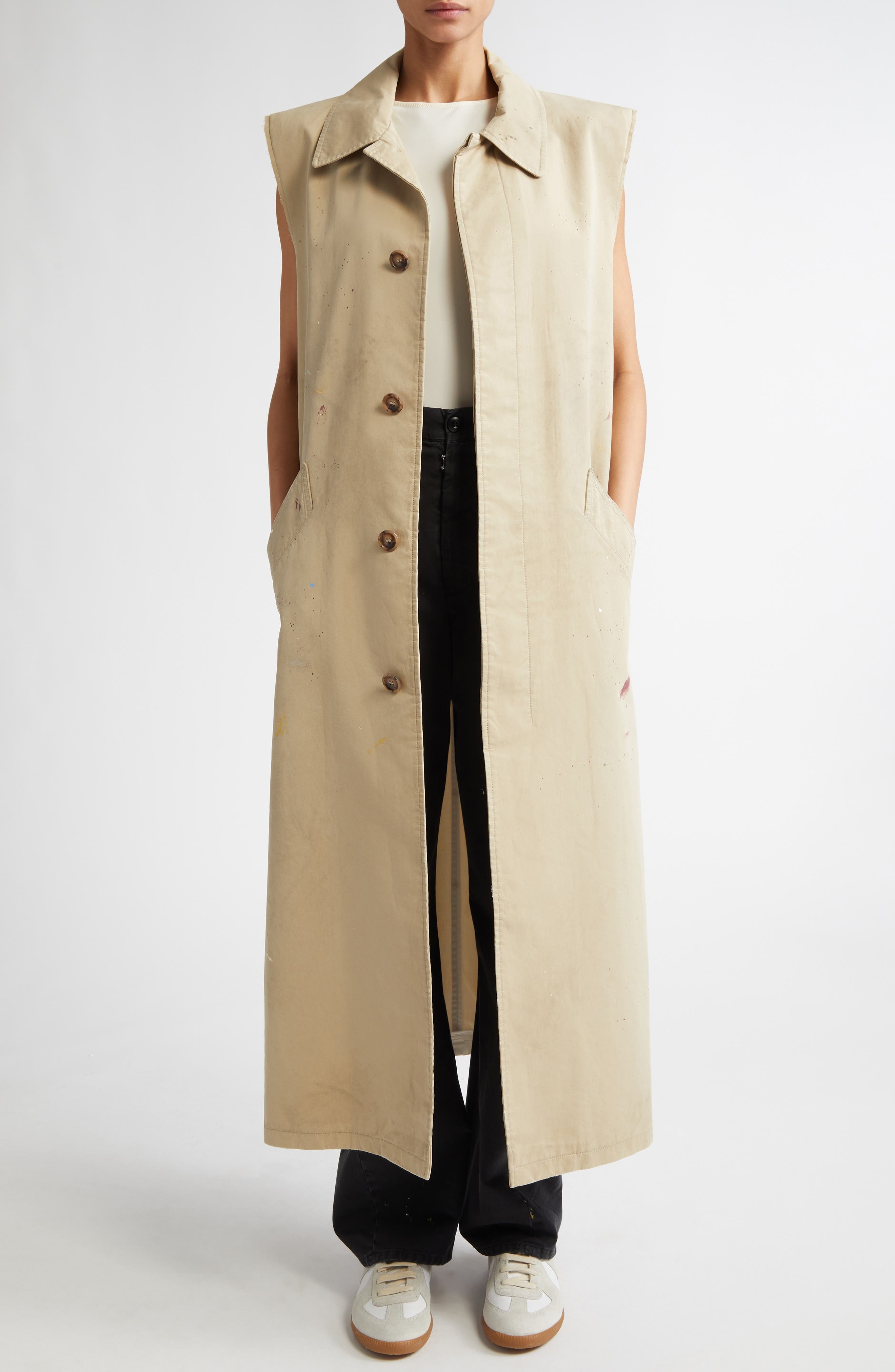 MM6 Maison Margiela Paint Splatter Belted Gabardine Vest in Beige at Nordstrom - 2