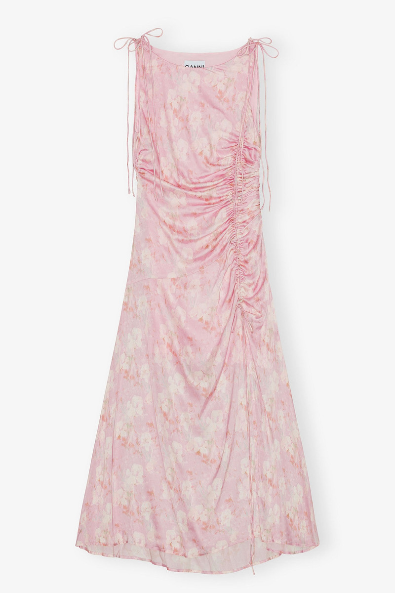 PINK PRINTED SATIN GATHERED DRESS 1