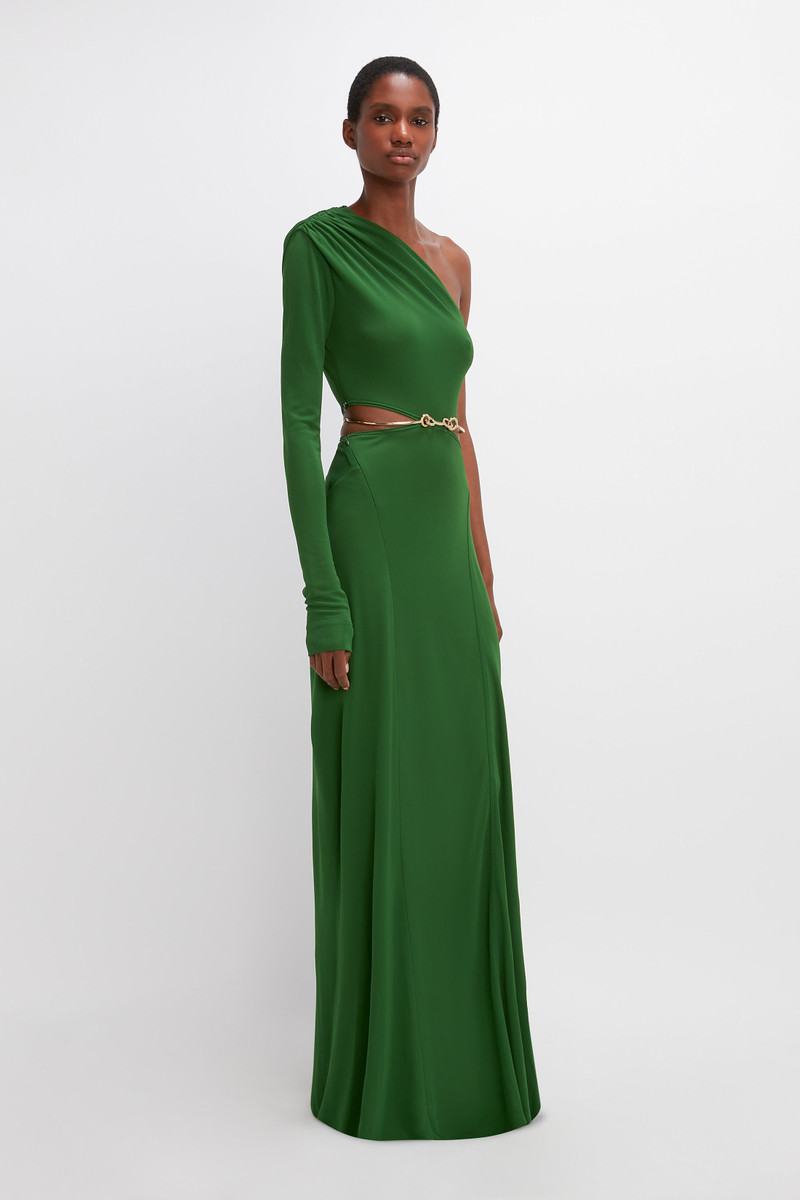 Victoria Beckham One Shoulder Draped Dress in Green - 1123WDR004378B-DARK- GREEN-4 | REVERSIBLE