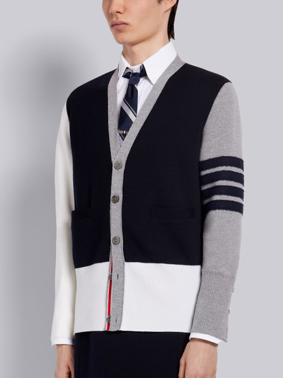 Thom Browne Navy Fun-Mix Merino Wool Milano Stitch Shetland 4-Bar V-Neck Cardigan outlook