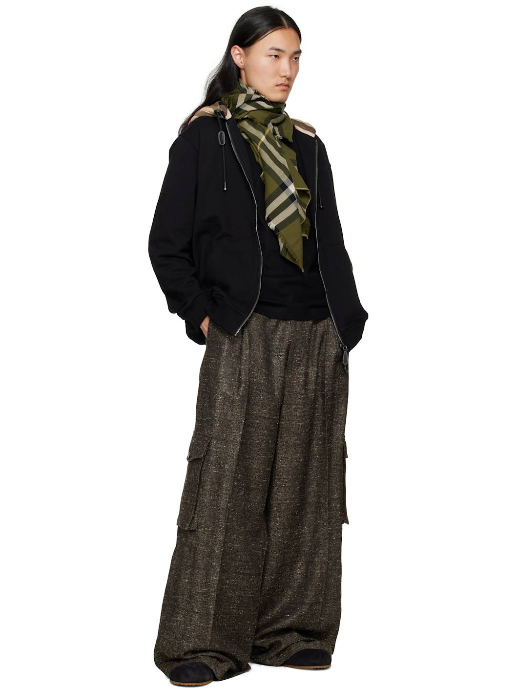 Khaki Wide Check Wool Scarf - 2