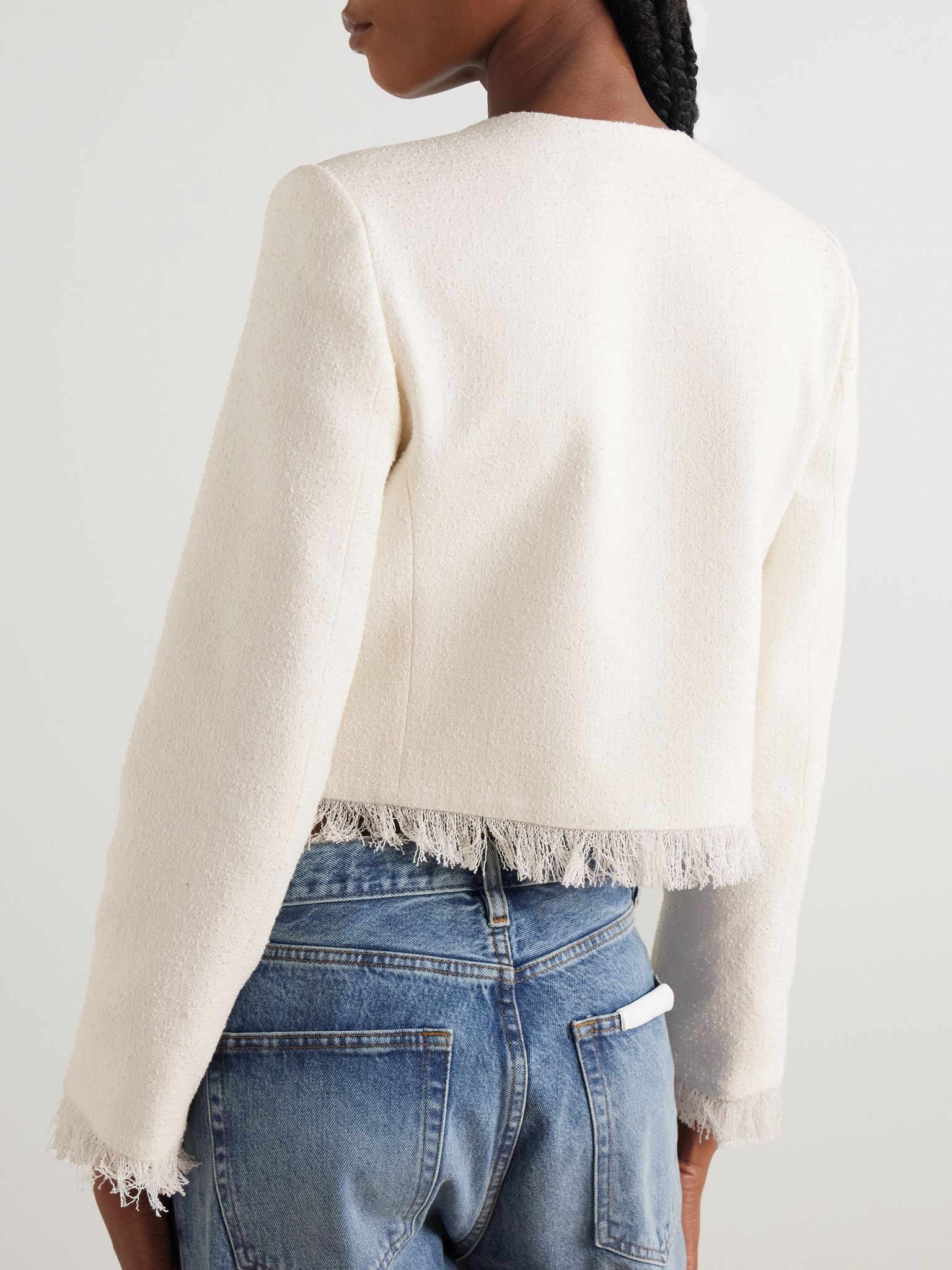 Cropped fringed cotton-blend tweed jacket Ivory - 3