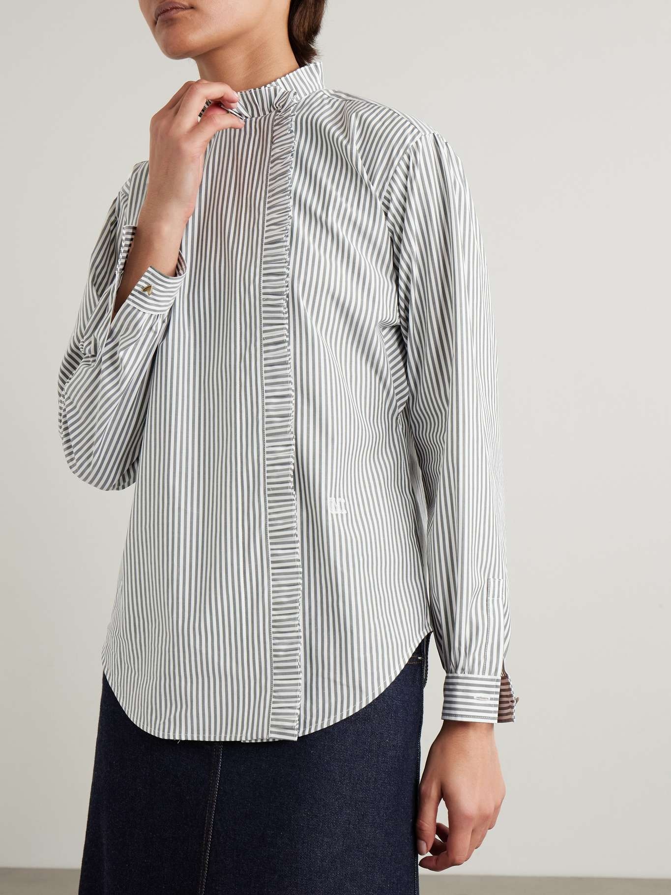 Didy logo-embroidered ruffled striped cotton-blend poplin shirt - 3