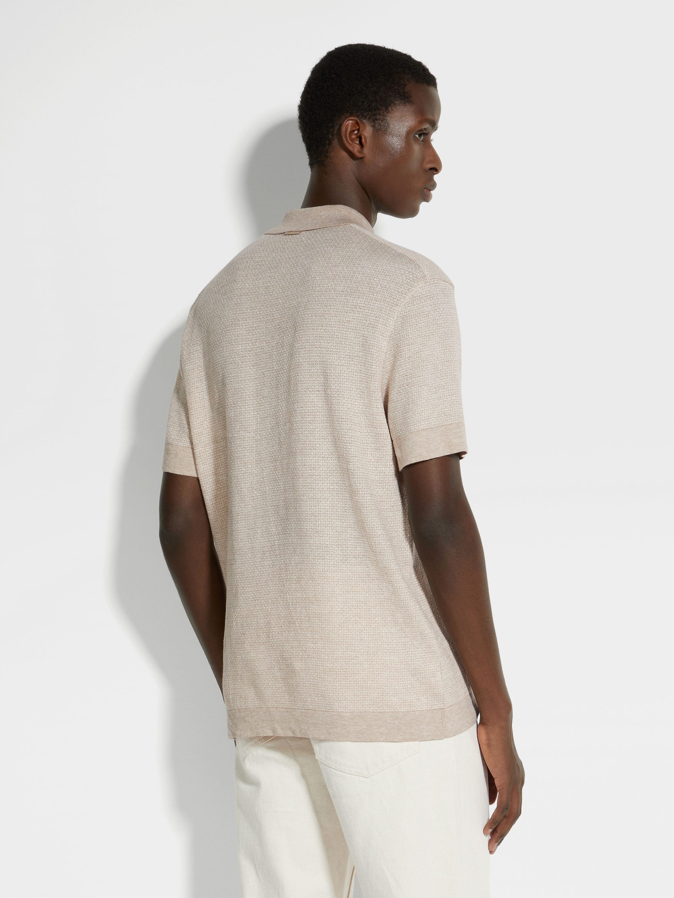 LIGHT BEIGE COTTON LINEN AND SILK POLO SHIRT - 5