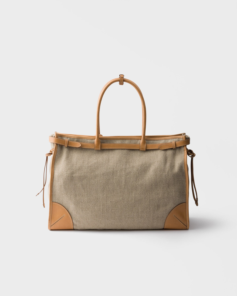 Prada Route linen and leather tote bag 4