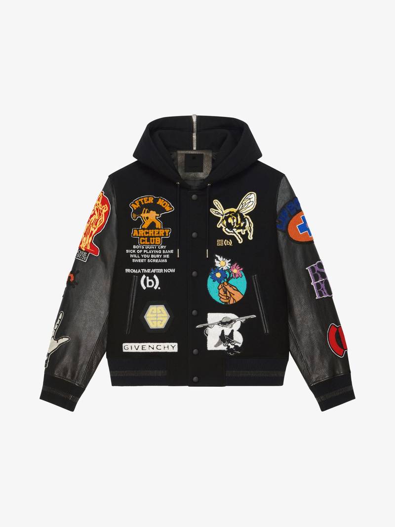 HOODED BOMBER JACKET IN WOOL AND LEATHER - 1