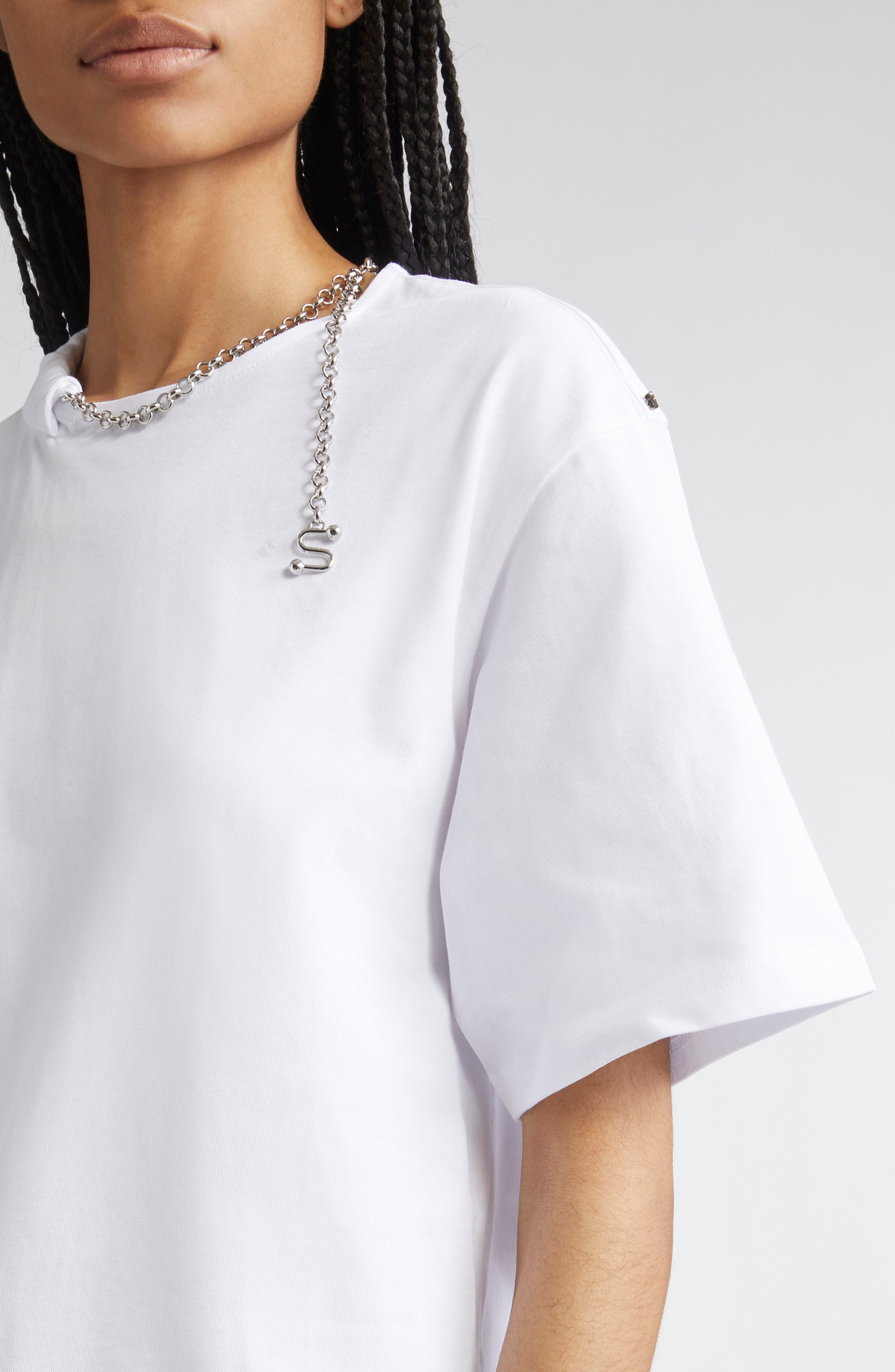 SPORTMAX Oblato Chain Embellished Cotton T-Shirt in Optical White at Nordstrom - 5