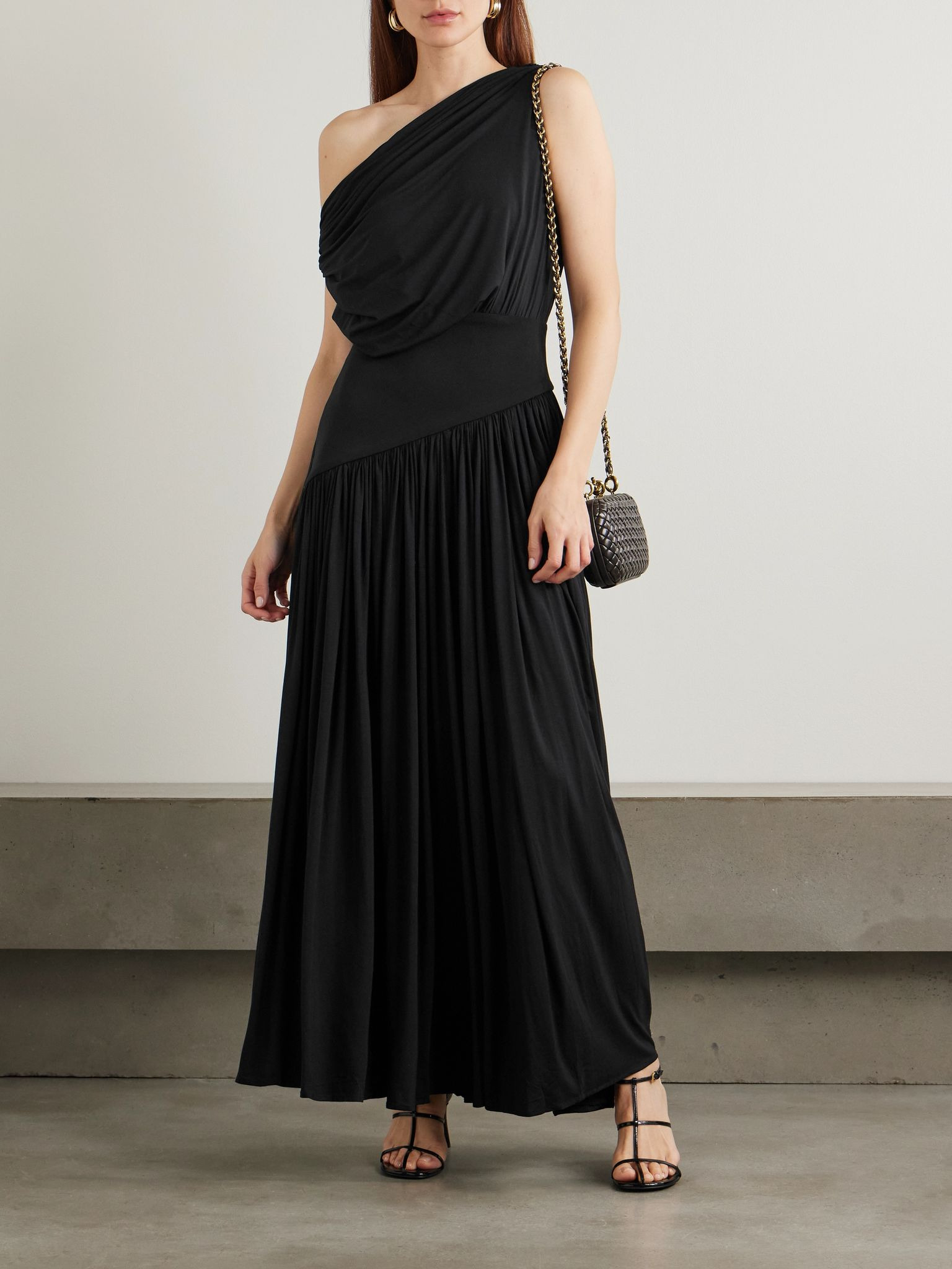 One-shoulder asymmetric draped jersey-trimmed stretch-bamboo maxi dress Black - 2