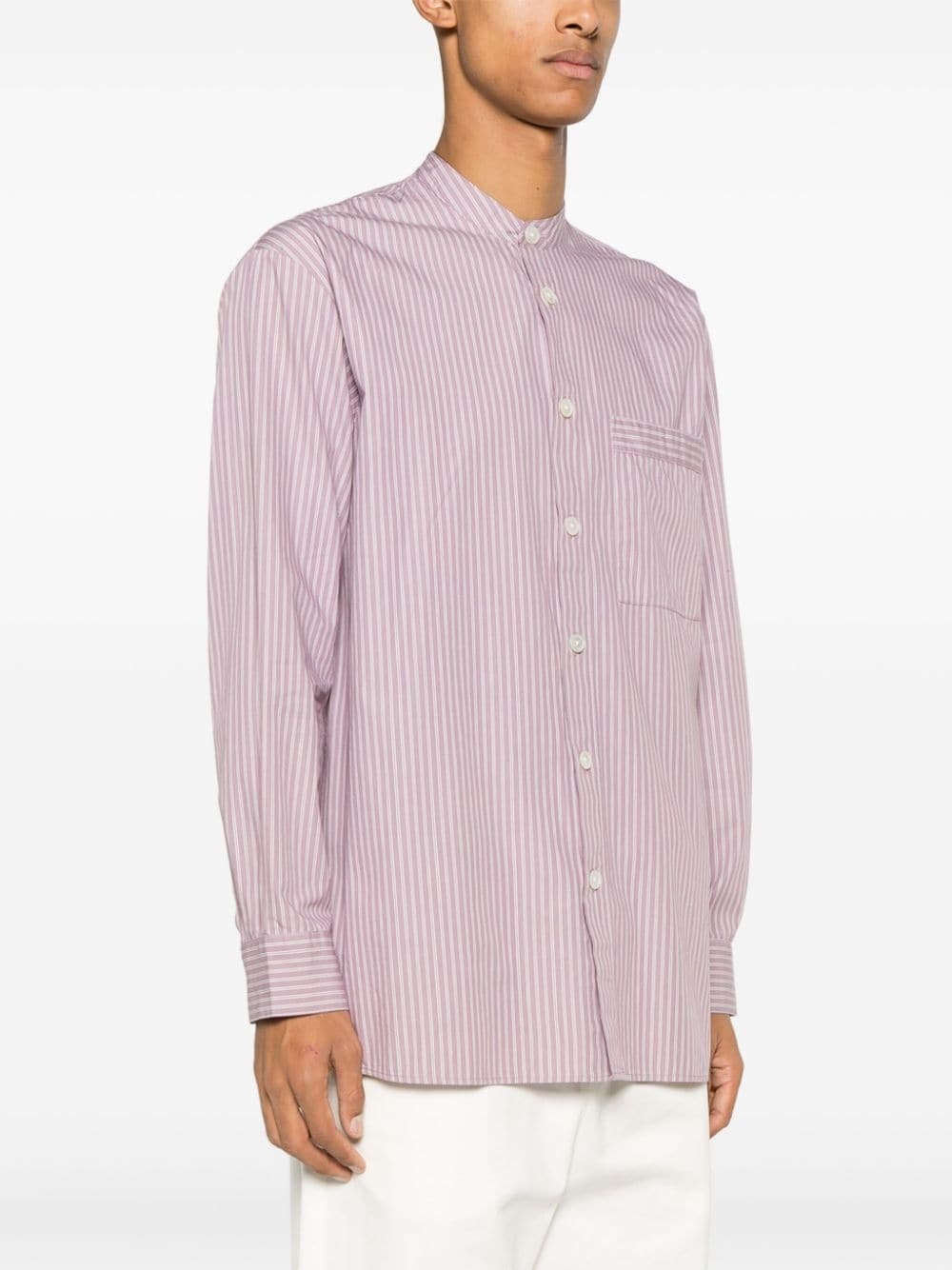 stripe-pattern collarless shirt - 3