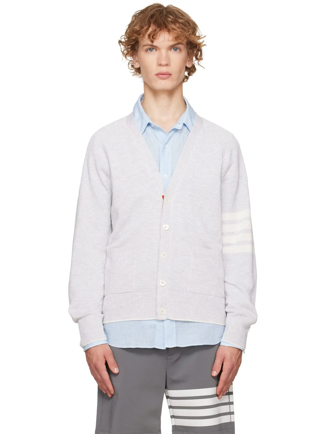 Gray Linen Cotton 4-Bar Relaxed Fit Cardigan - 1