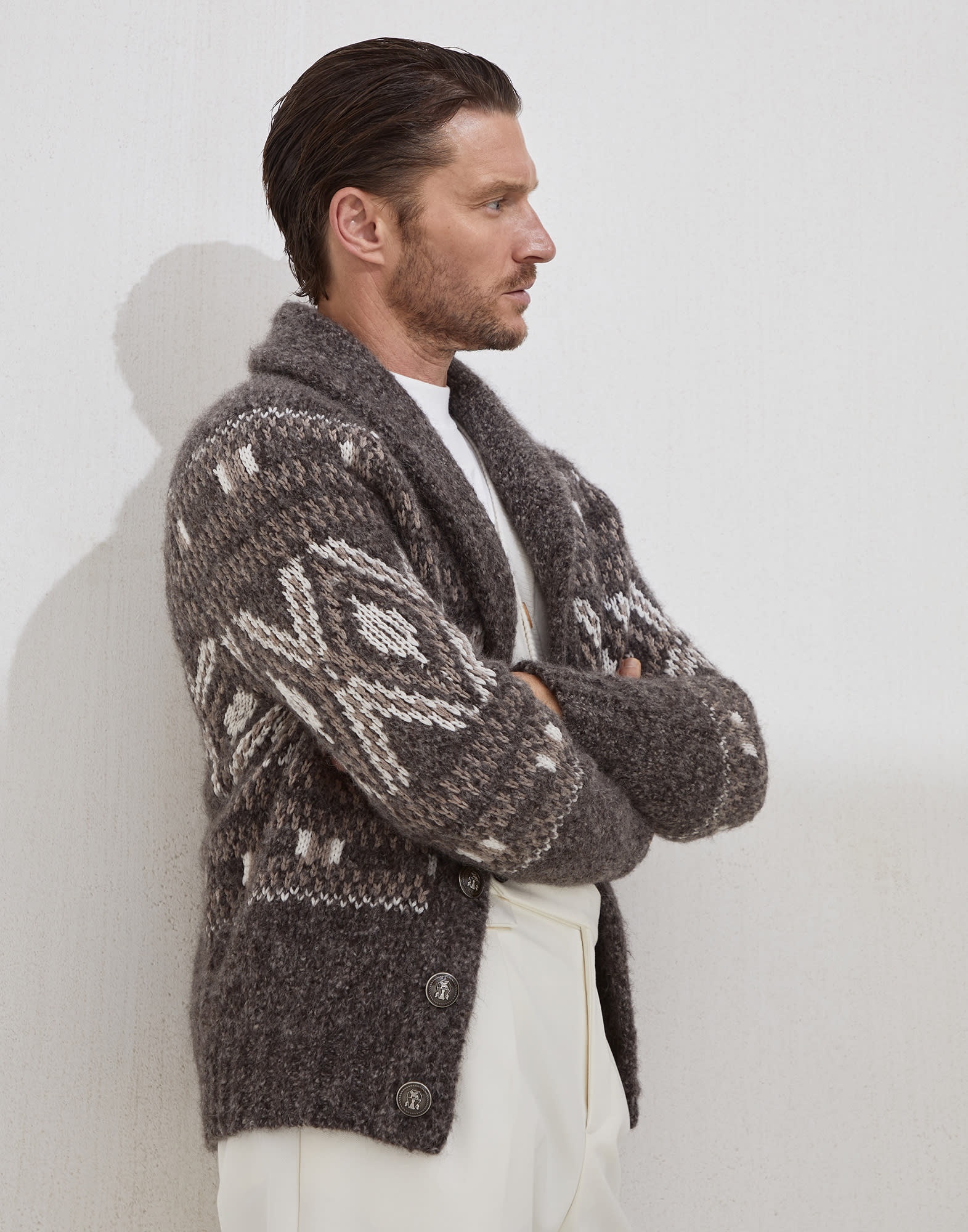 Alpaca, virgin wool and cashmere geometric jacquard cardigan with metal buttons - 4