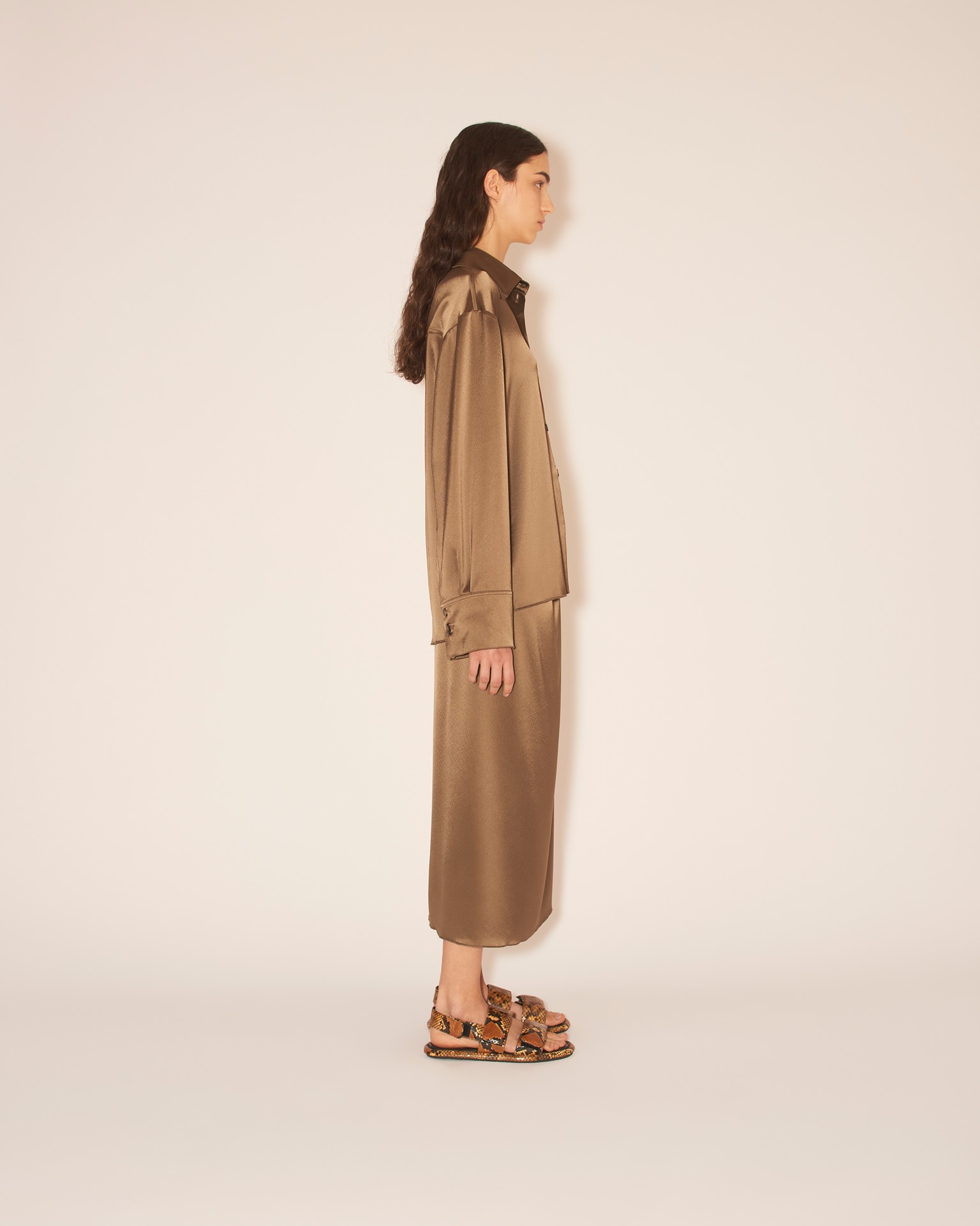 EBBA - Relaxed fit satin long sleeve shirt with slight pilgrim collar - Dark khaki - 3