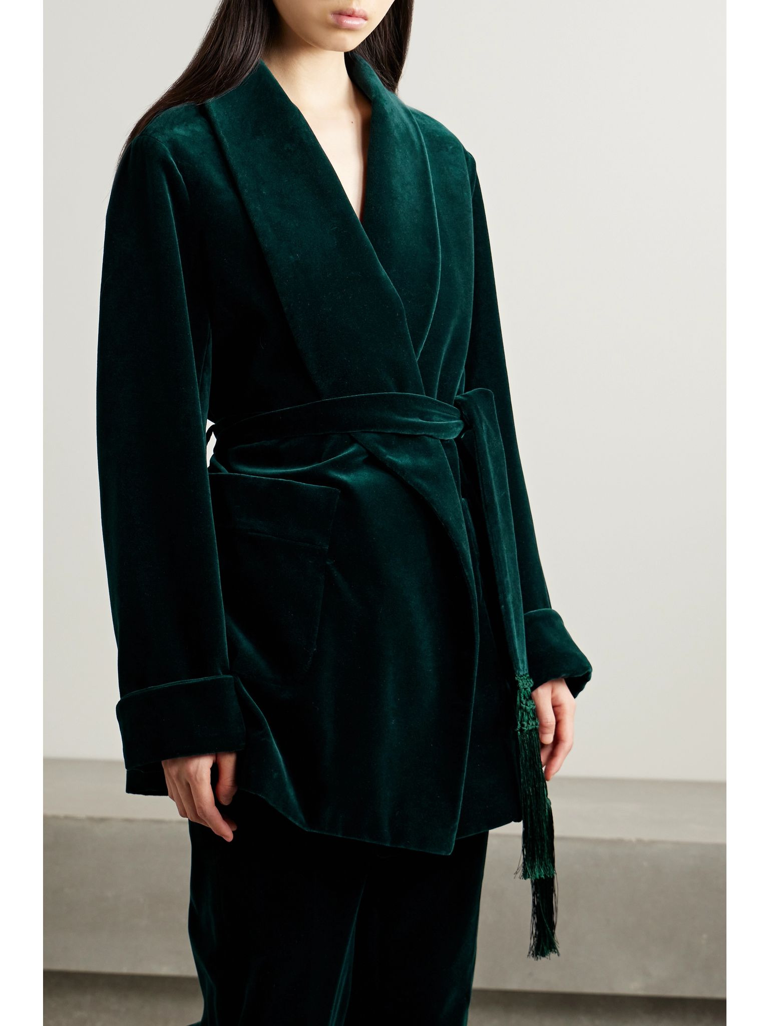 Raniya belted macramé-trimmed cotton-blend velvet jacket Dark green - 3