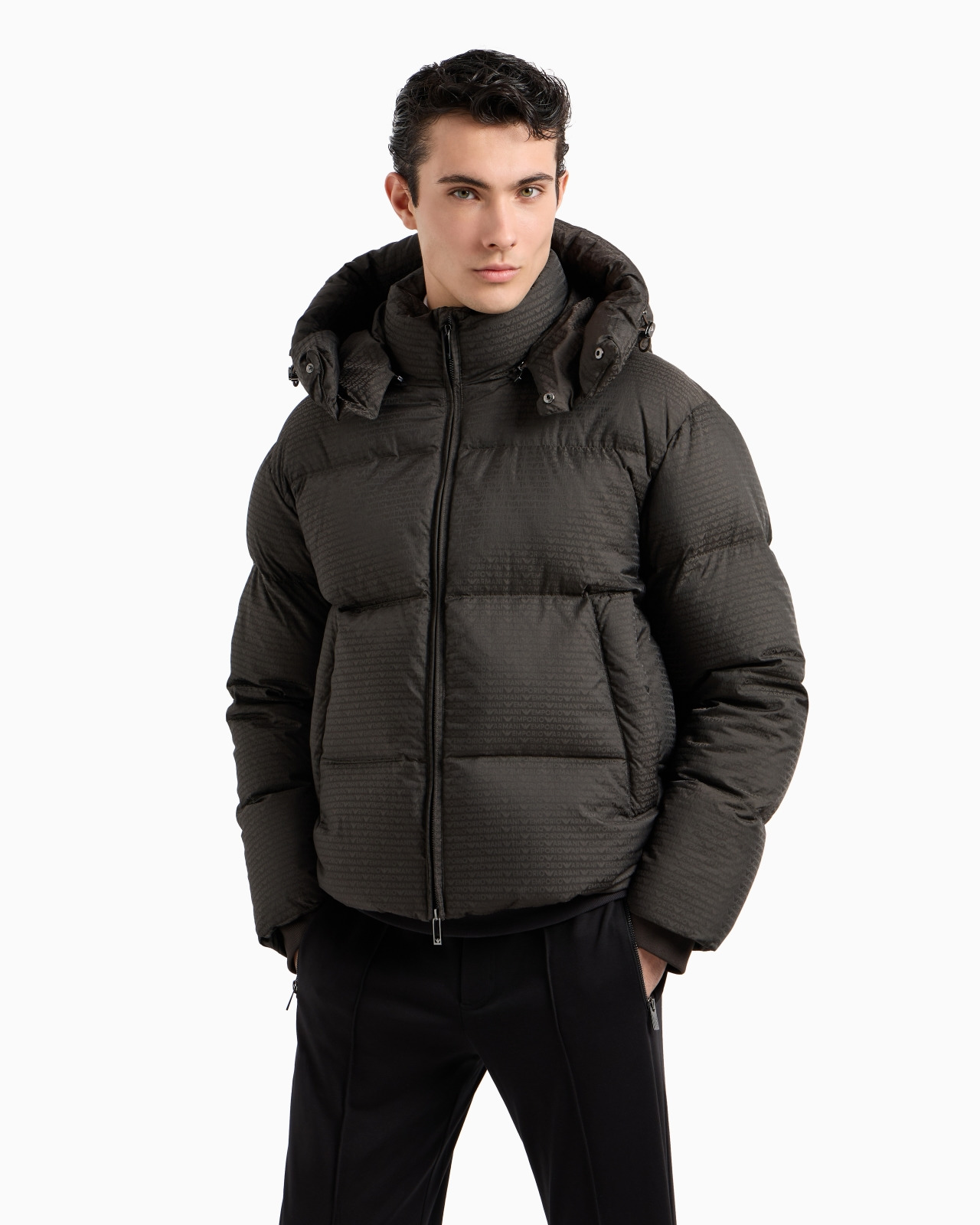Zipped, hooded down jacket in jacquard nylon with all-over logo lettering - 2