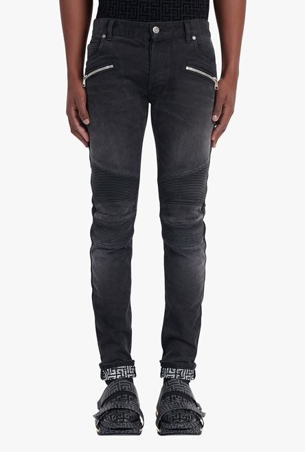 Slim cut faded and ridged black cotton jeans with Balmain monogram on hem - 5