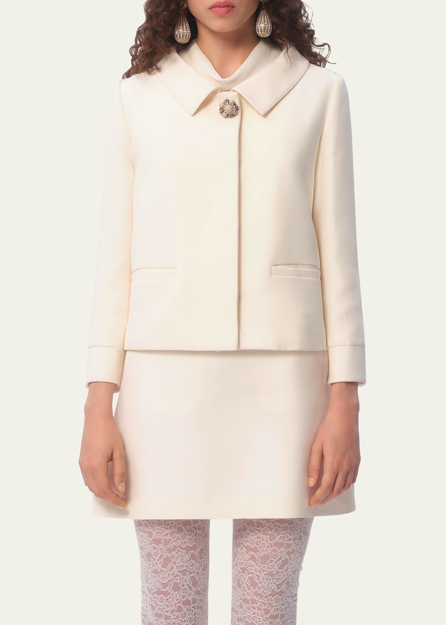 Collared Brooch Wool Jacket - 2