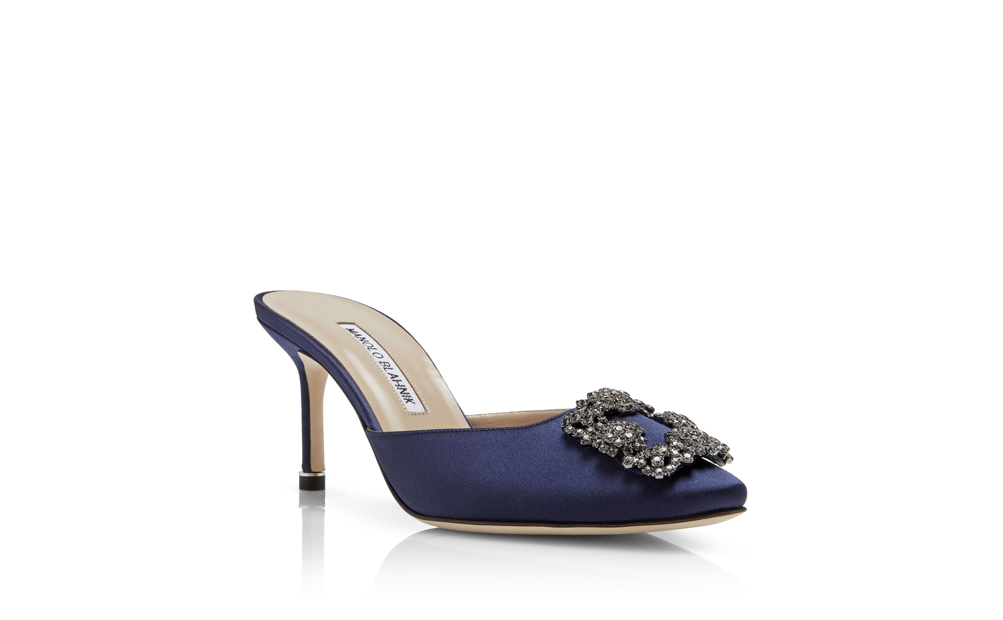 Navy Blue Satin Jewel Buckle Mules - 3