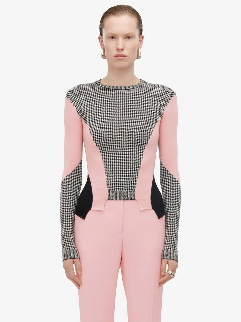 Women's Dogtooth Colour-block Peplum Jumper in Black/white/pink - 1