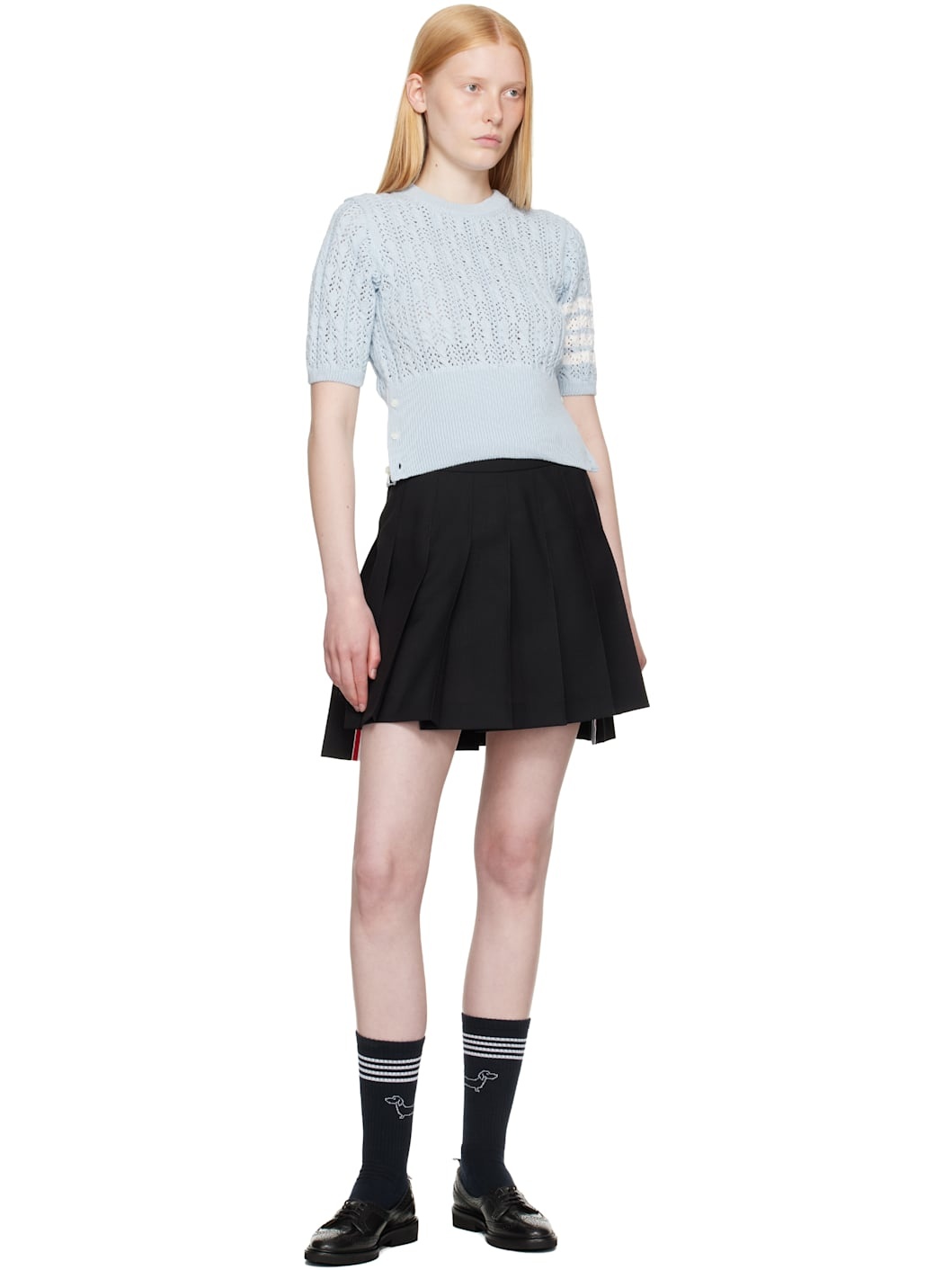 Blue Pointelle Cable Stitch 4-Bar Sweater - 4