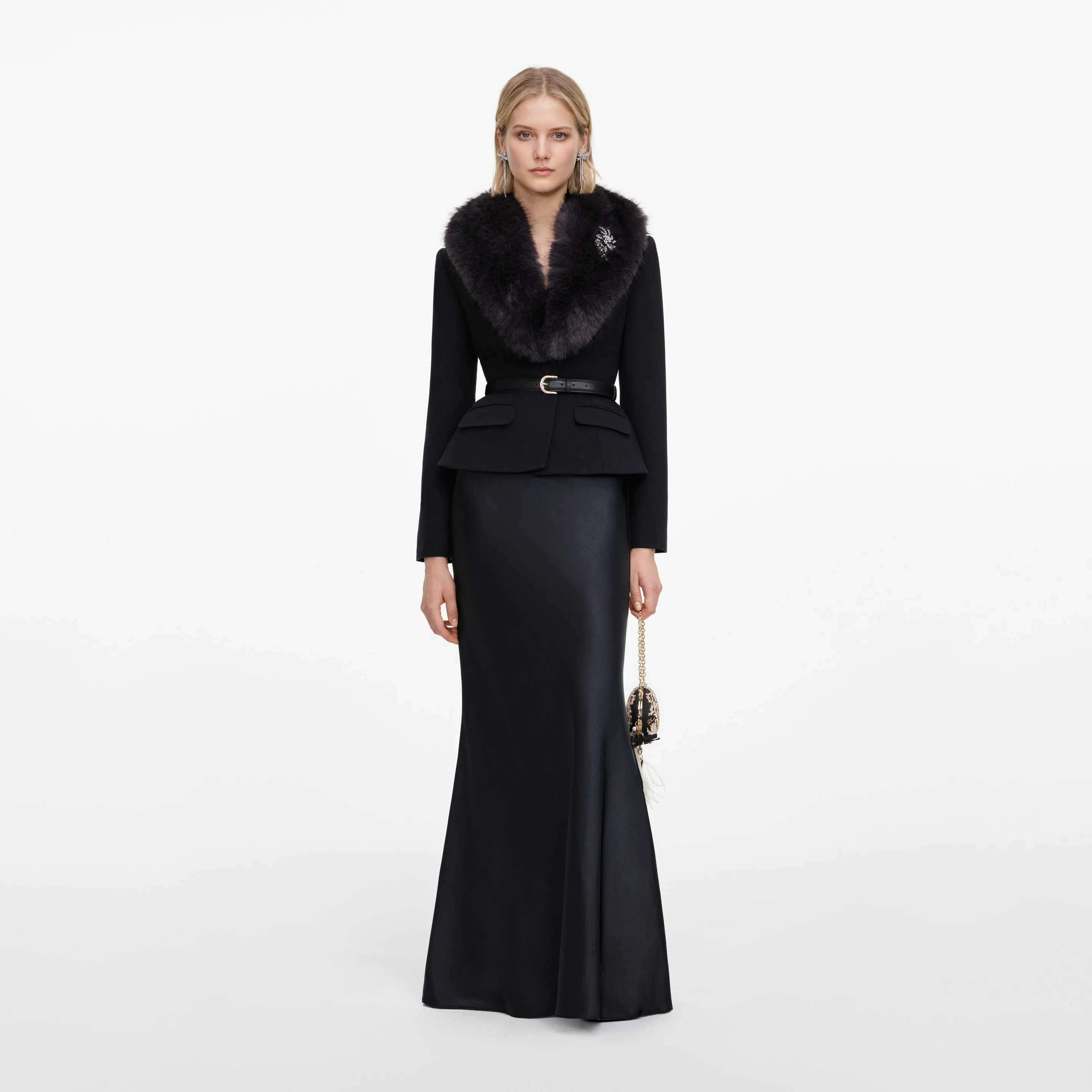 Black Tailored Fur Collar Maxi Dress - 1