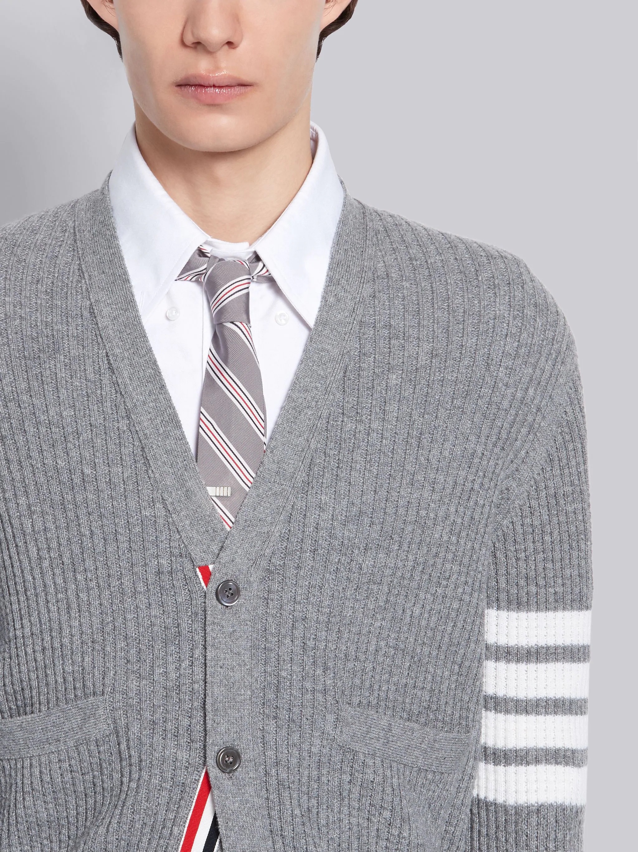 Light Grey Cashmere Waffle Stitch V-neck 4-Bar Cardigan - 5