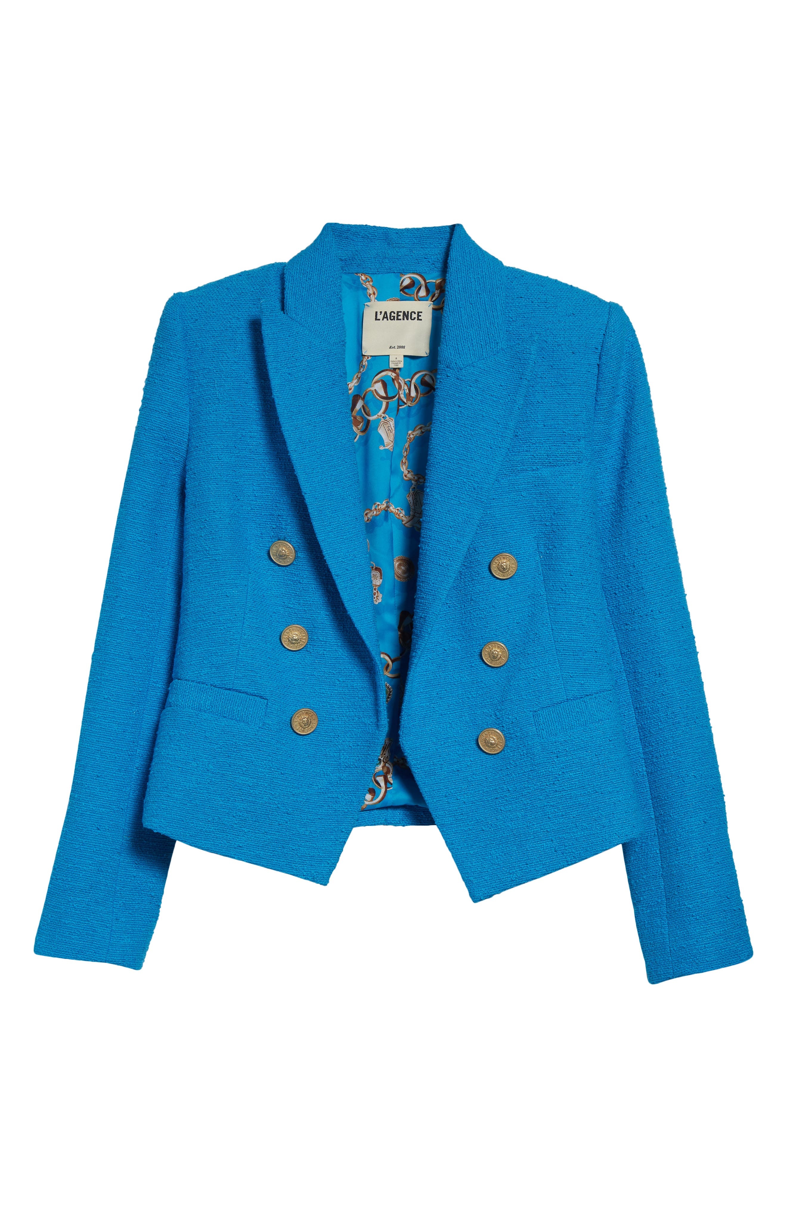 L'AGENCE Brooke Double Breasted Crop Cotton Blend Blazer in Dresden Blue/Gold Chain at Nordstrom - 7