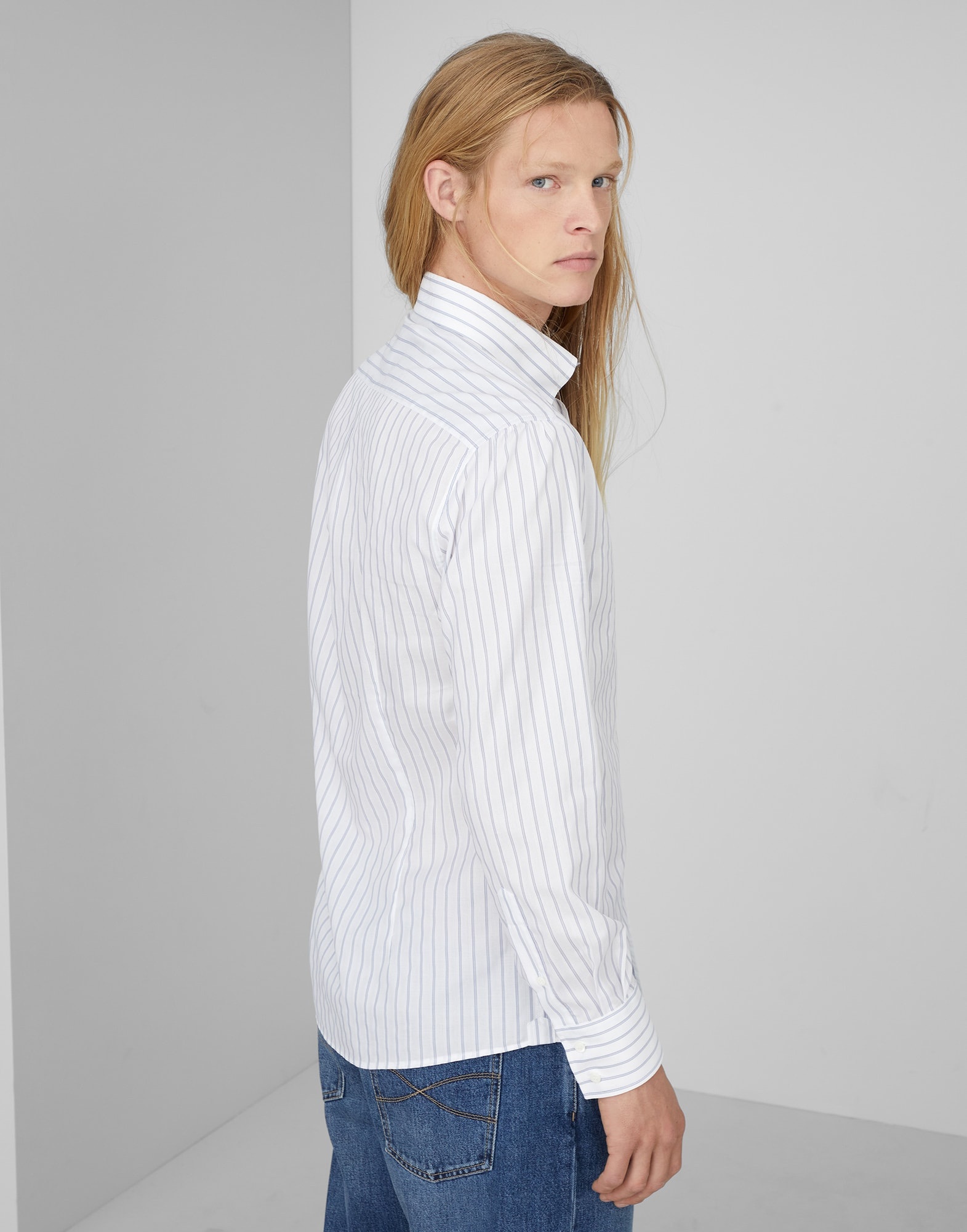 Textured striped cotton slim fit shirt with button-down collar - 2