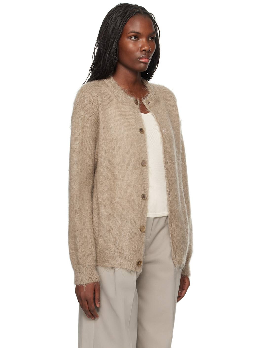 AURALEE Beige Brushed Super Kid Mohair Knit Cardigan | REVERSIBLE