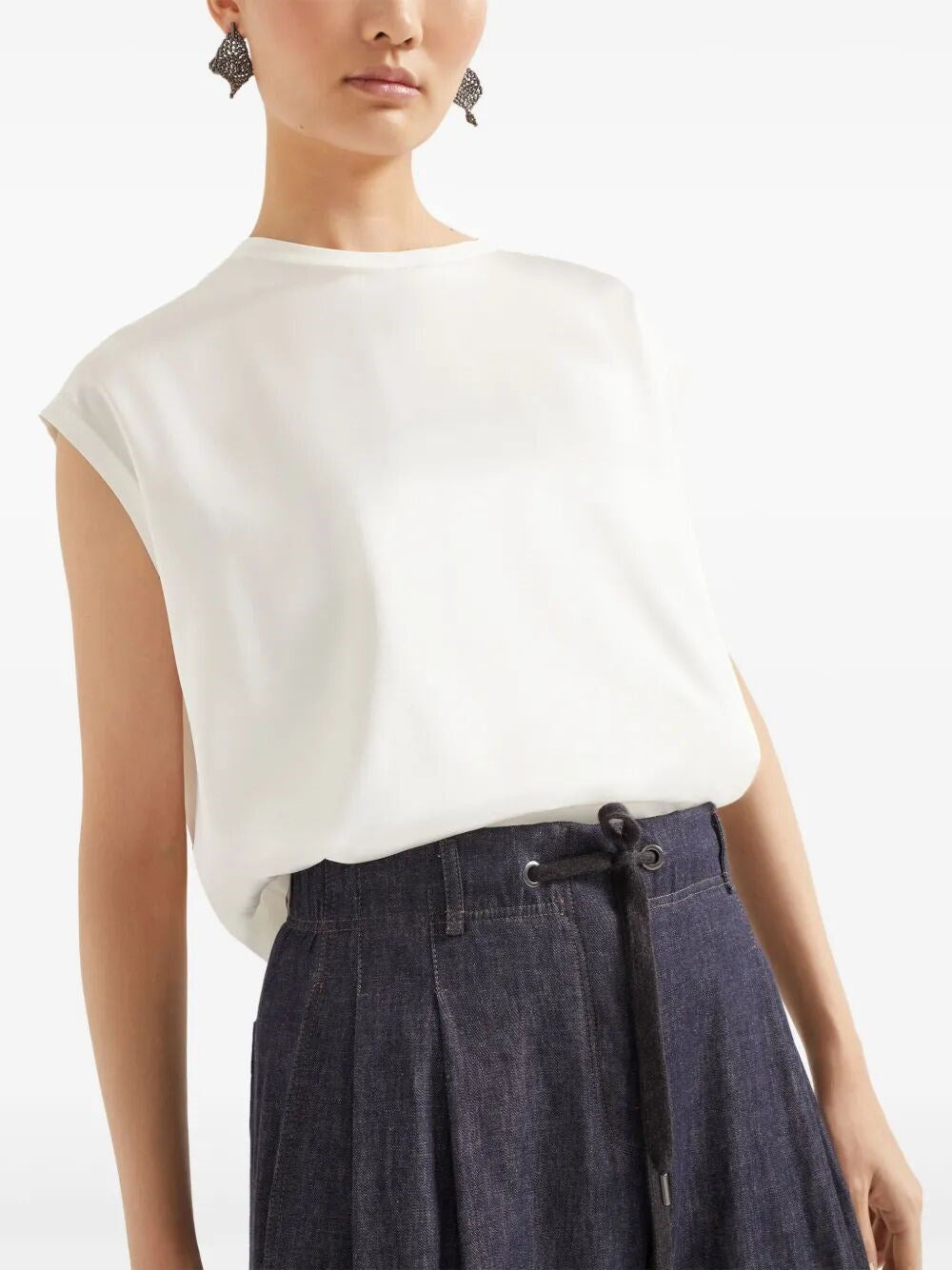 Brunello Cucinelli Women Stretch Silk Satin T-Shirt With Monili - 3