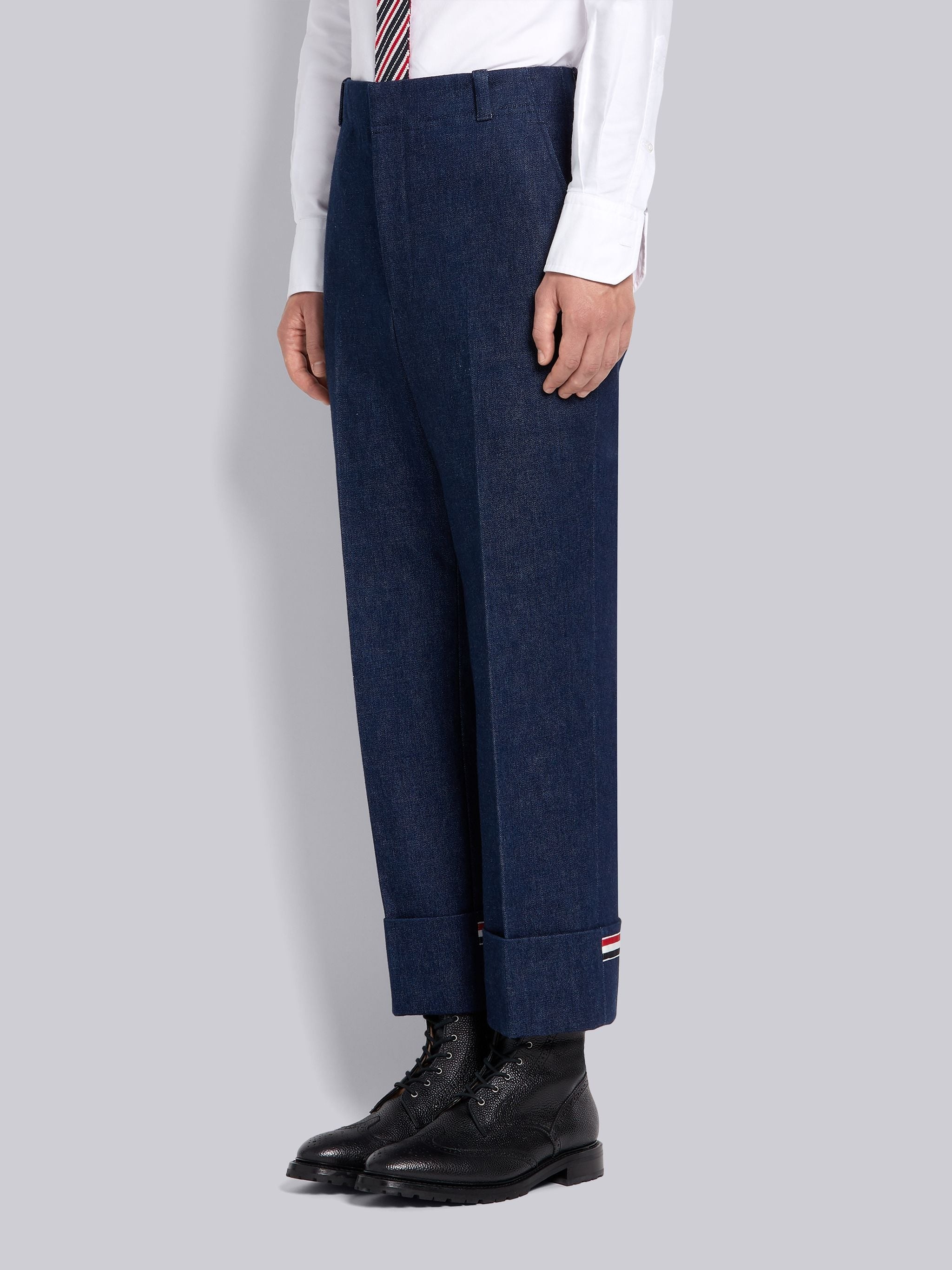 Navy Washed Cotton Denim Deconstructed Cuffed Classic Trouser - 2
