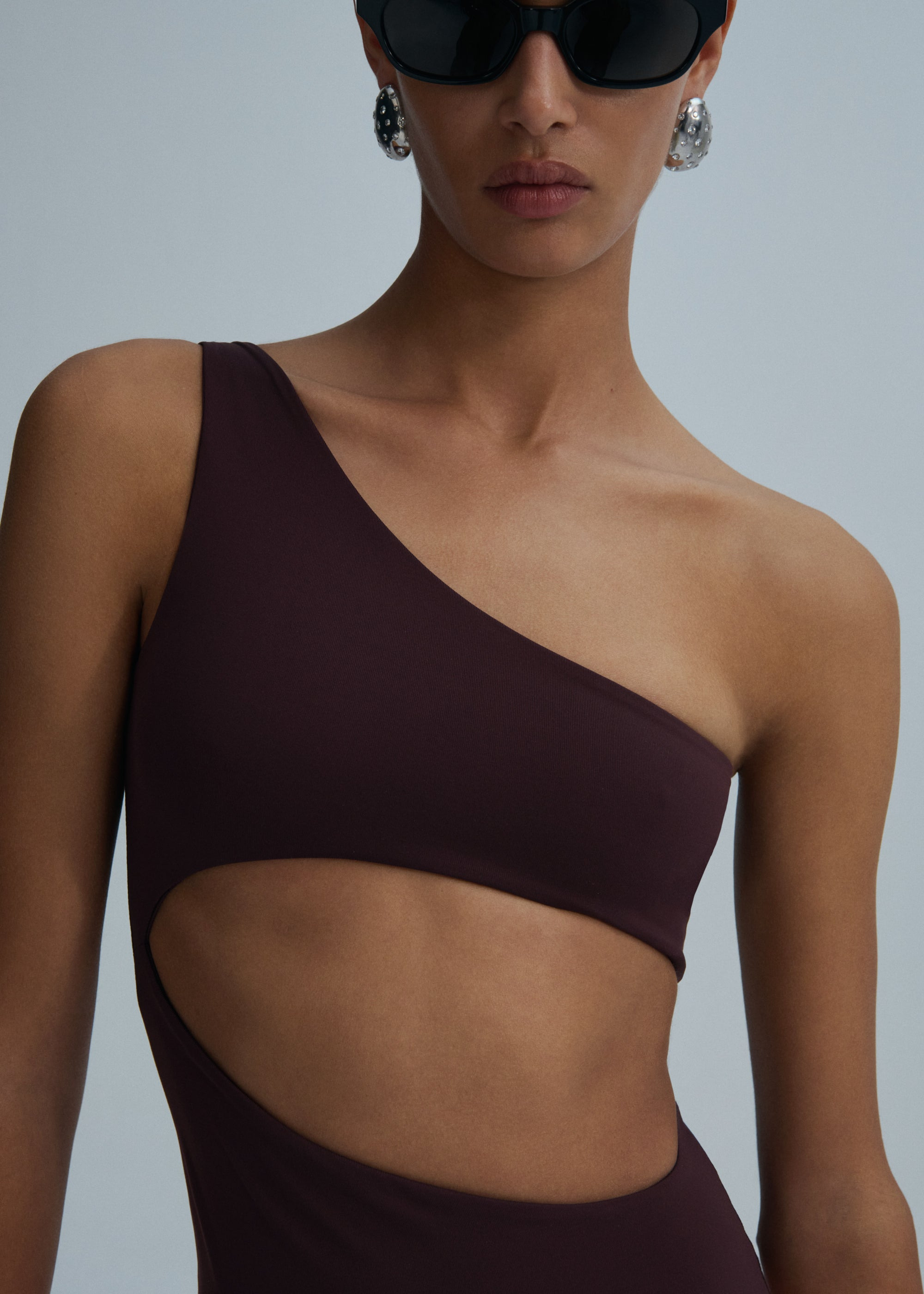 One shoulder cutout swimsuit in burgundy - 3