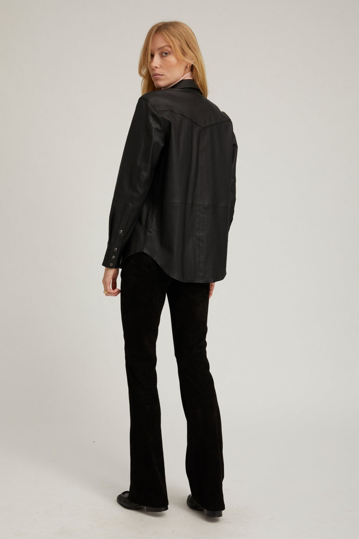 BLACK SUEDE 5 POCKET MICRO FLARE PANTS - 6