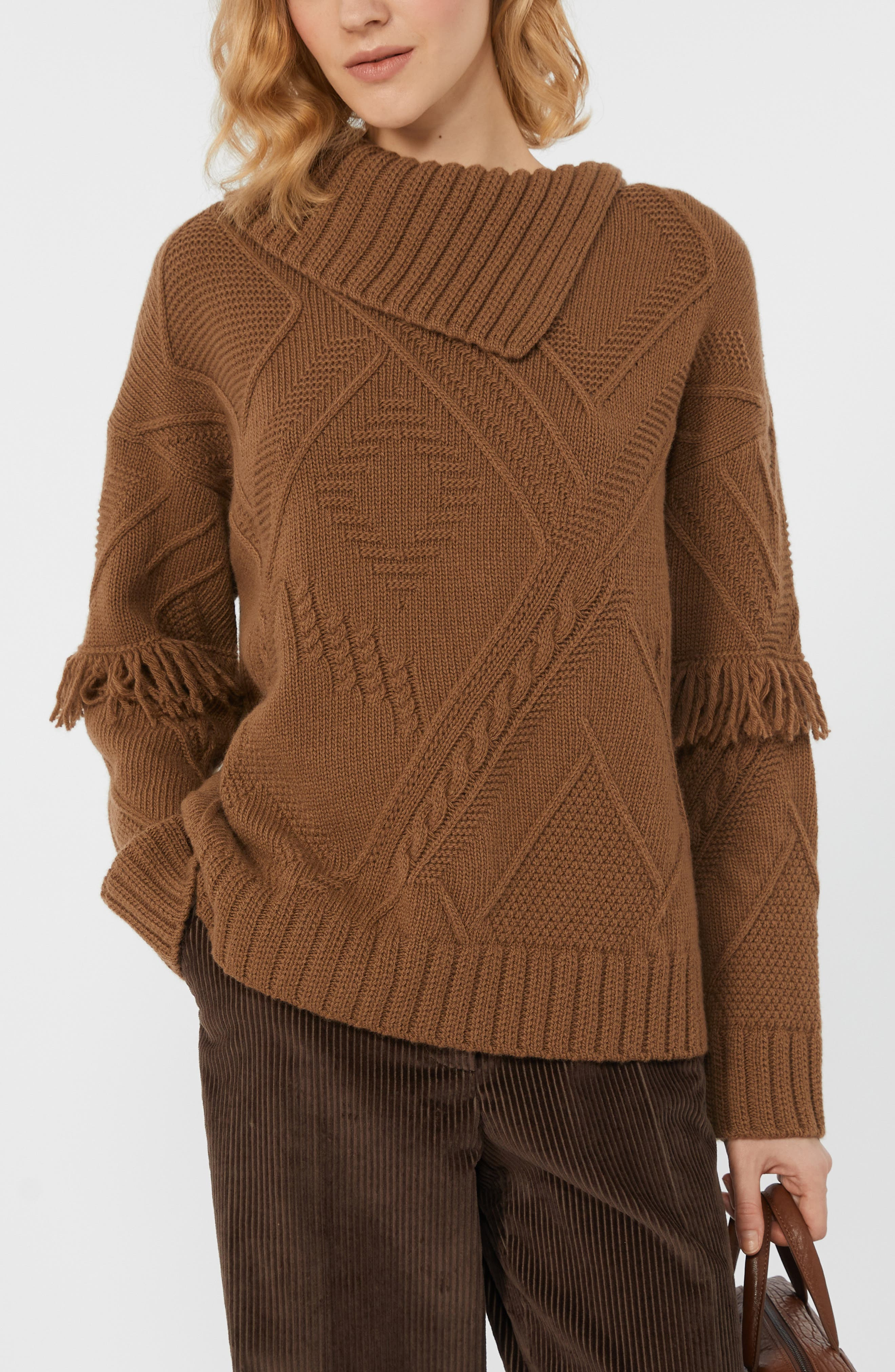 Weekend Max Mara Mastro Fringe & Cable Detail Virgin Wool Sweater in Hazelnut Brown at Nordstrom - 3