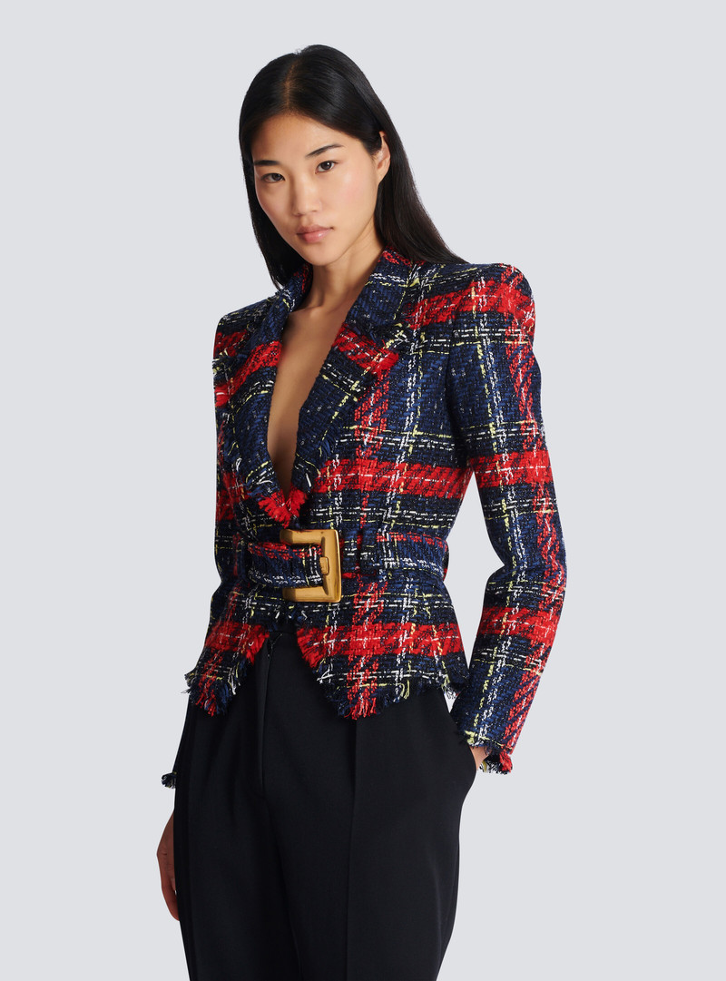 Belted plaid tweed jacket 6