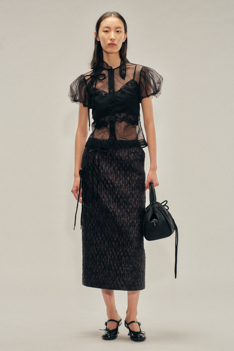 Simone Rocha Embellished Sheer Offset Fragment Collar Puff Sleeve Shirt outlook