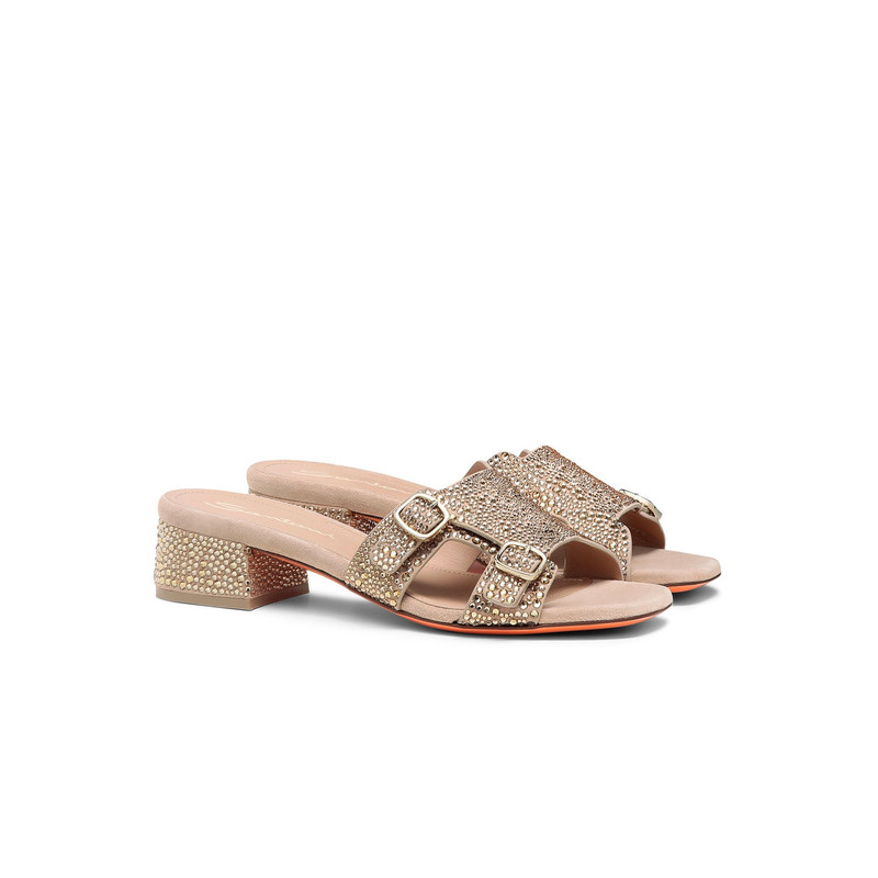 Santoni Women's gold suede and strass low-heel Didi sandal outlook