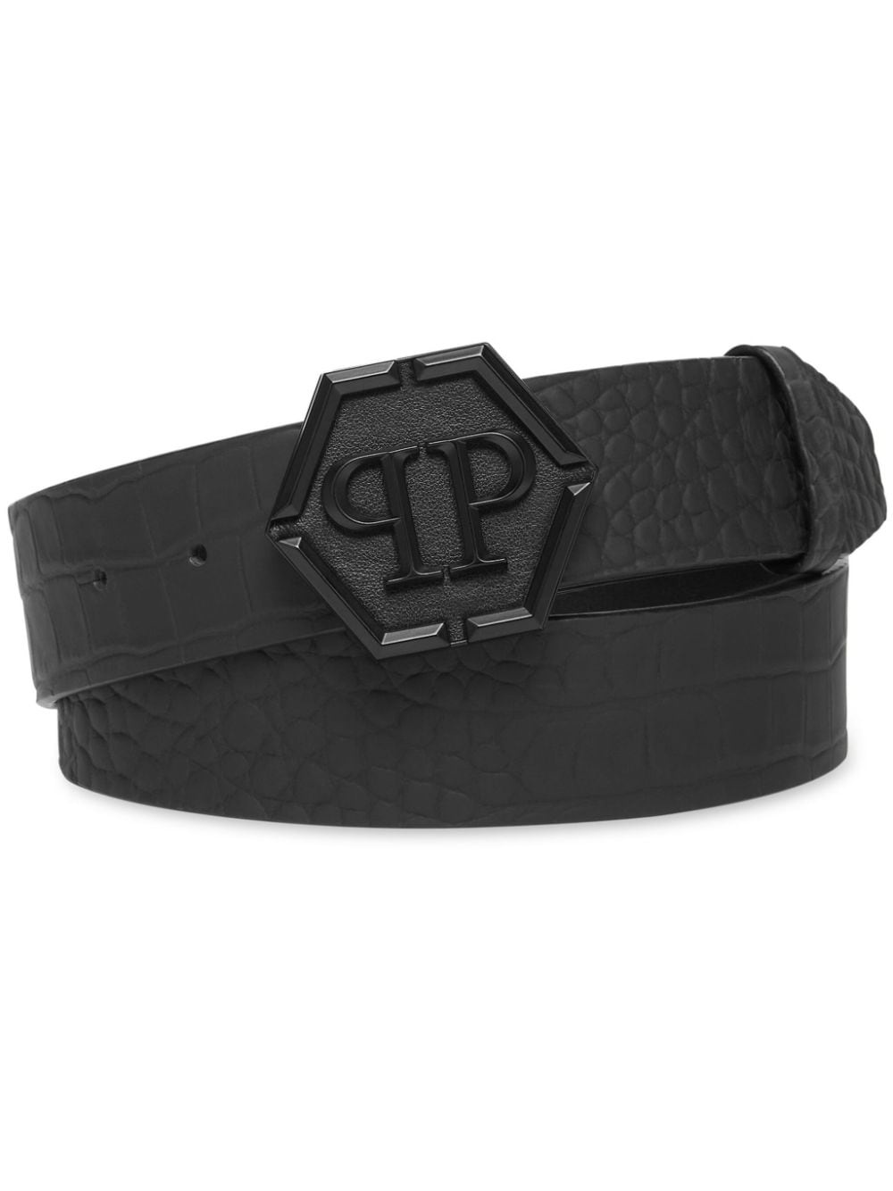hexagon-buckle crocodile-effect belt - 1