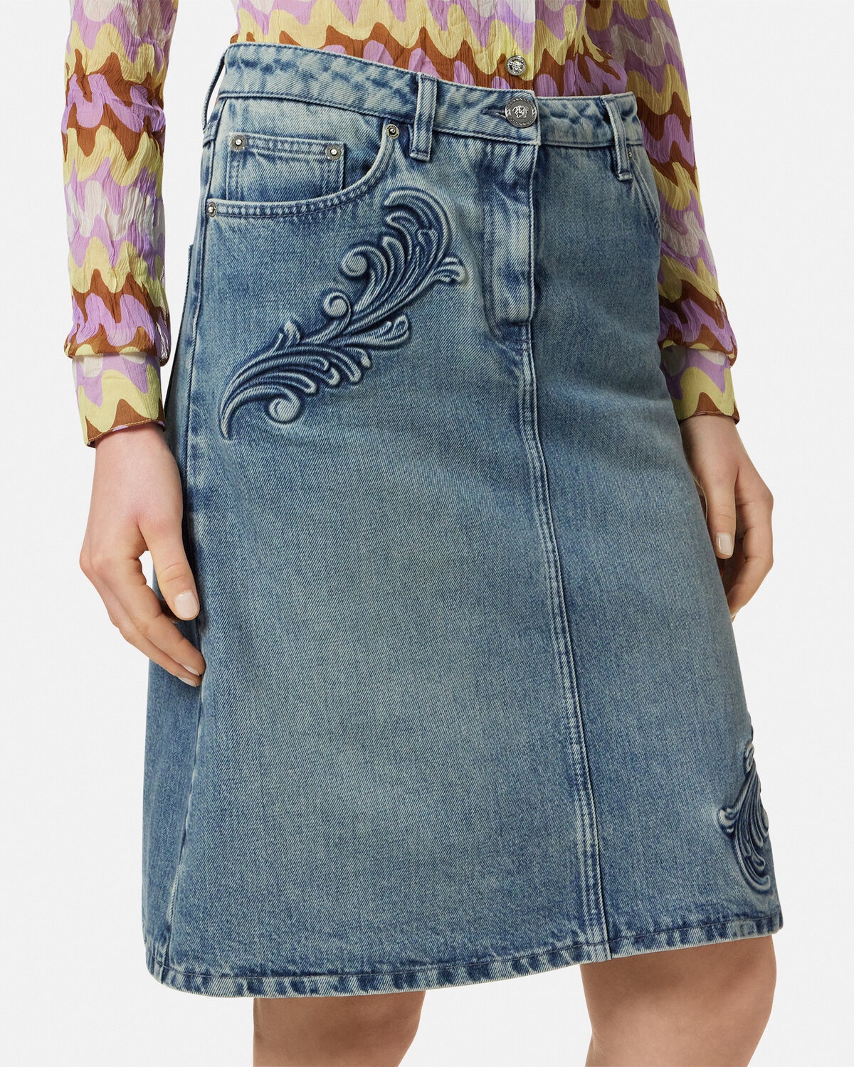 Barocco Denim A-Line Midi Skirt - 3