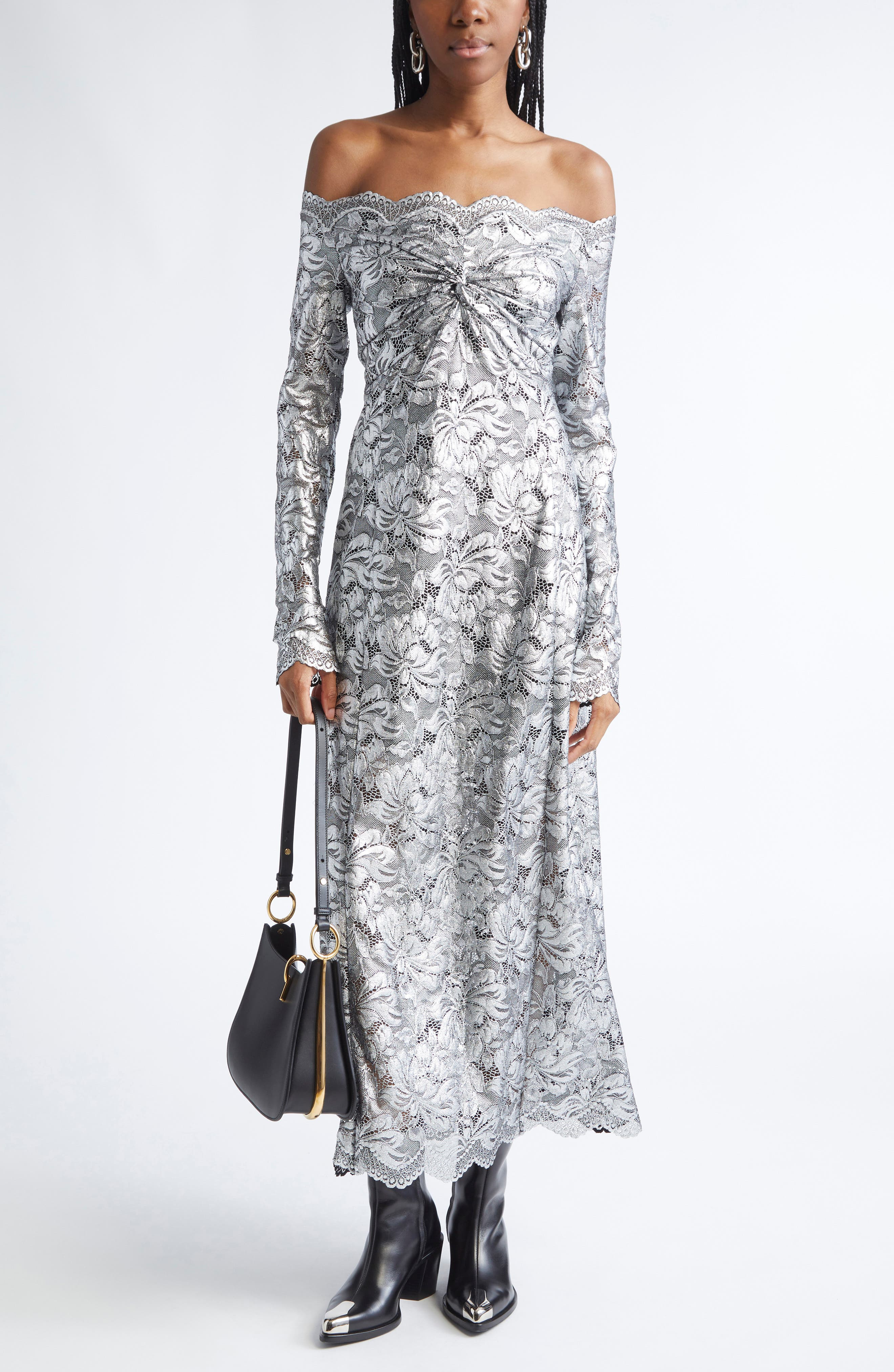 Rabanne Metallic Long Sleeve Stretch Lace Dress in Black /Silver at Nordstrom - 1