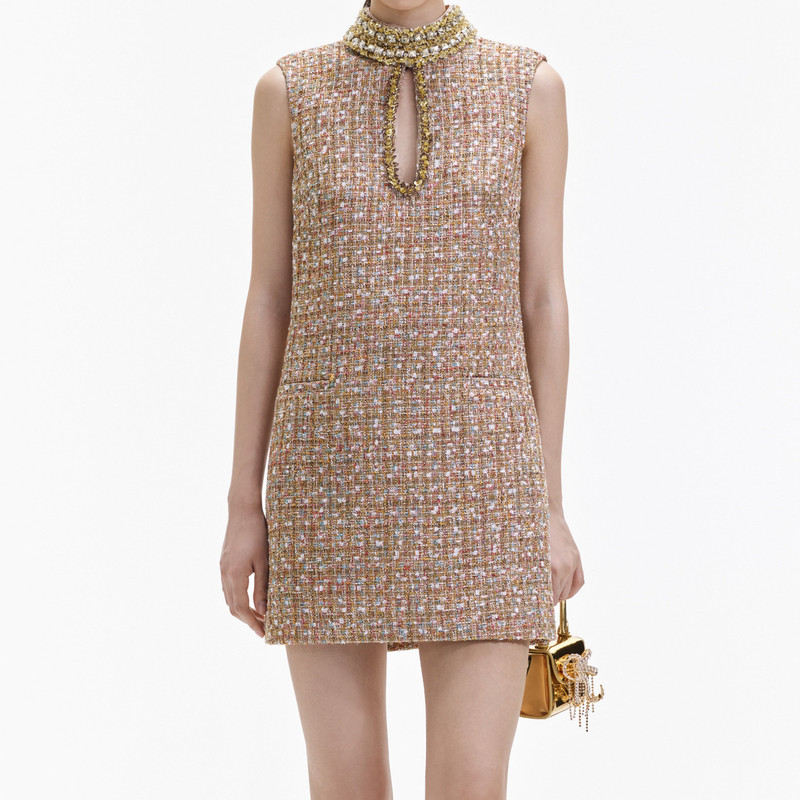 slim fit dress slacks Self-Portrait // Gold & Mulitcolour Tinsel Boucle Dress & Jacket Set – VSP  Consignment main image 0