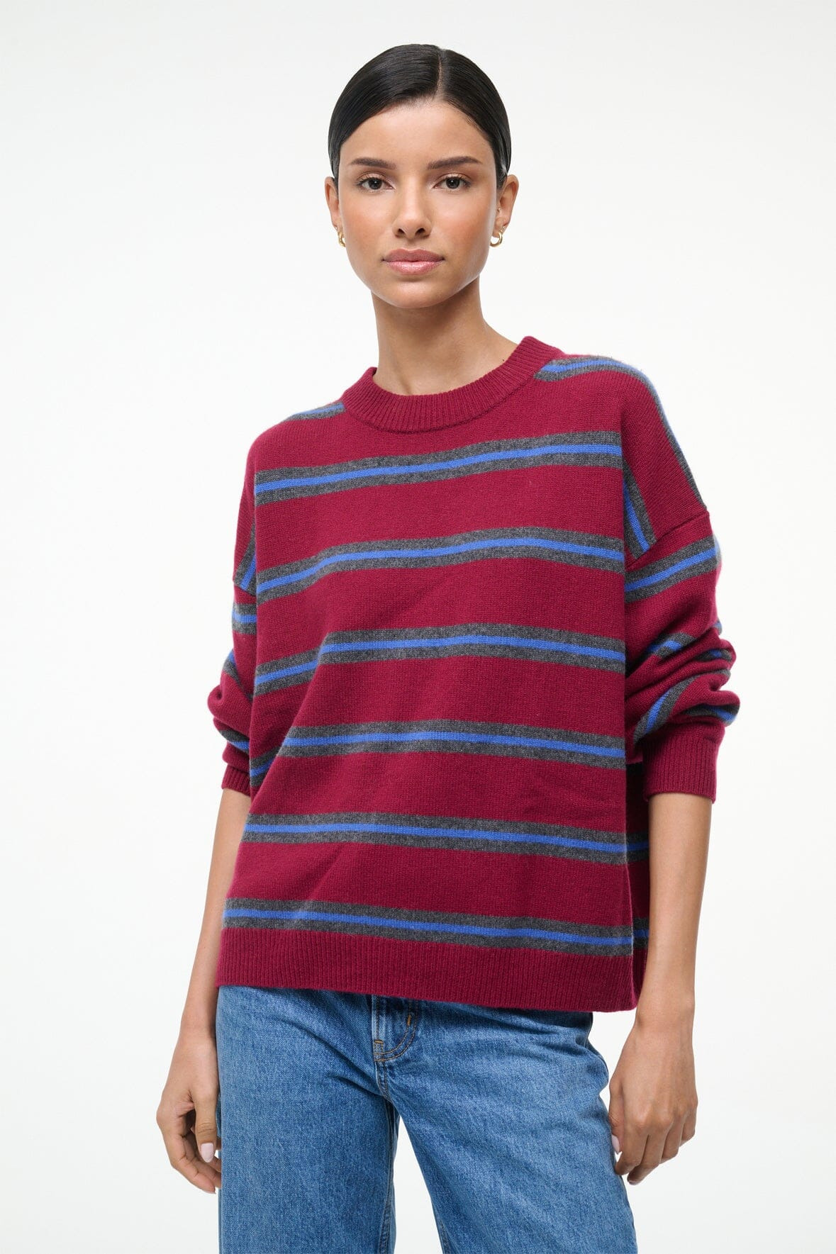 STAUD SERRANO CASHMERE RELAXED CREW CRIMSON STRIPE - 3