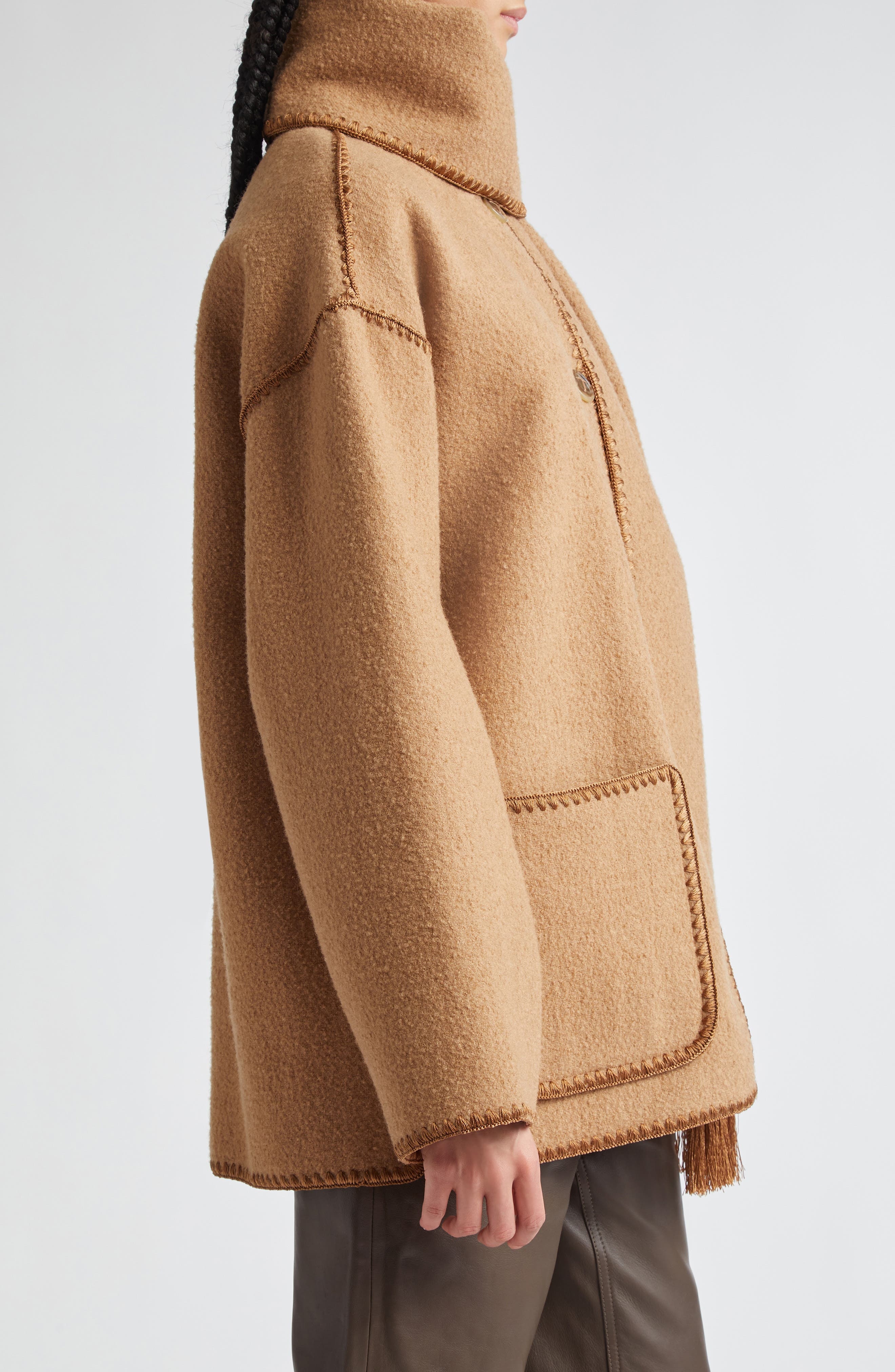 TOTEME Chain Stitch Wool Blend Scarf Jacket in Camel at Nordstrom - 4