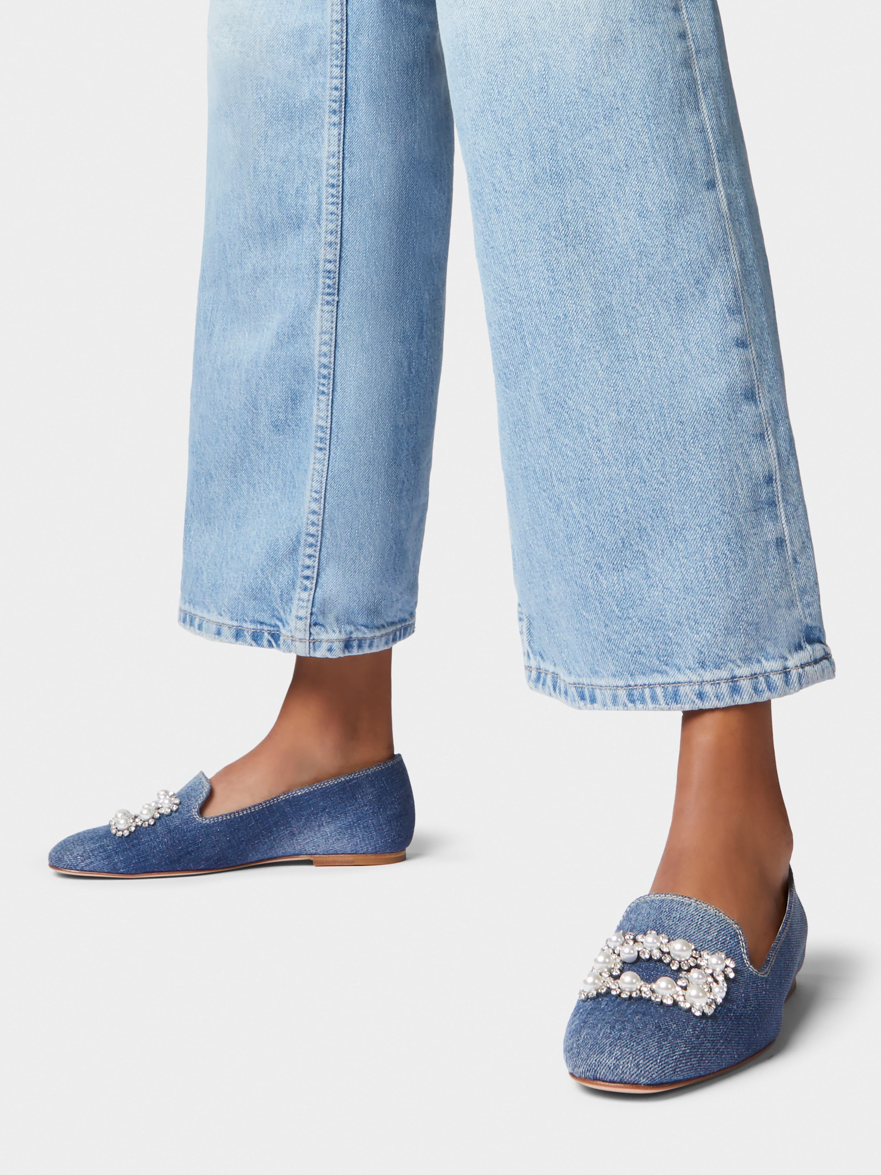 Pearl Embroidered Buckle Loafers in Denim - 8