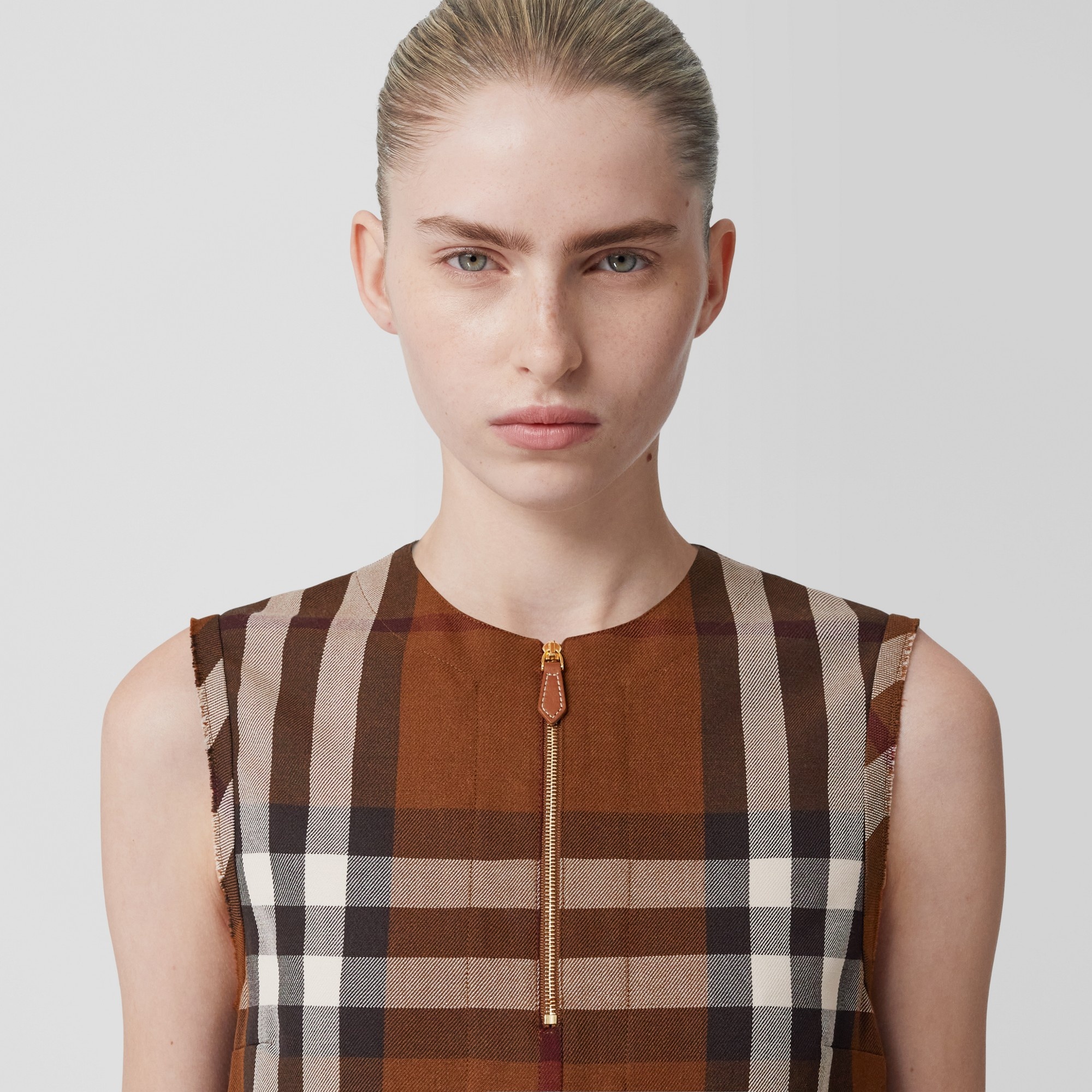 Sleeveless Check Wool Cotton Jacquard Dress - 7