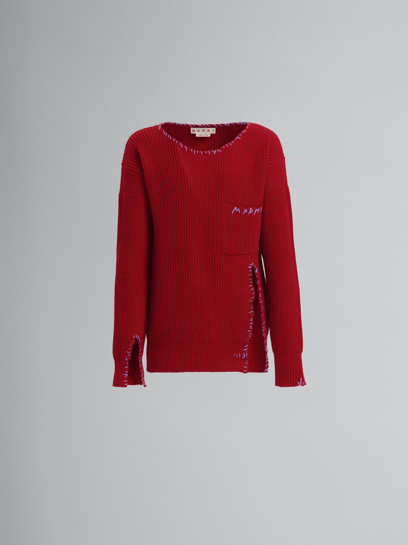 RED SWEATER WITH RAW-EDGE DETAILING 1