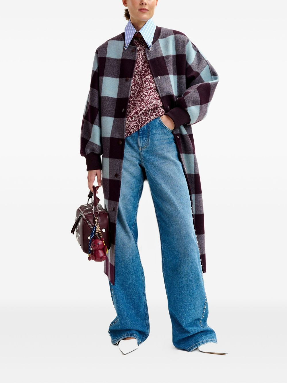 check-pattern ribbed-cuff coat - 2