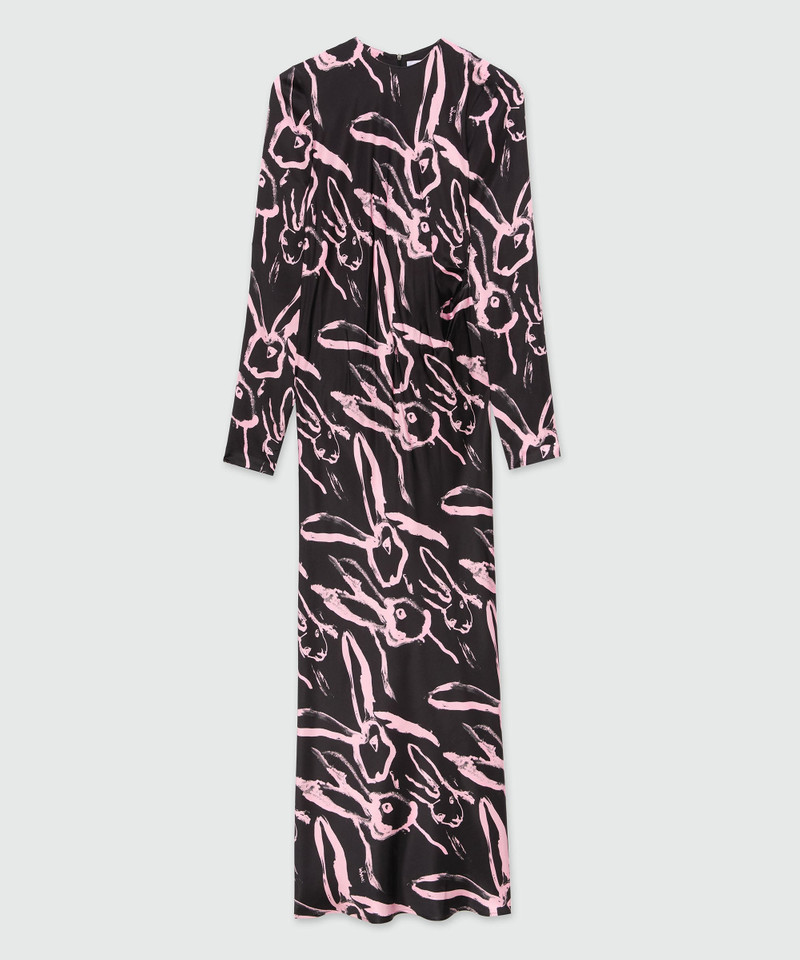 Long black crepe dress with "Sketched Bunnies" print 1