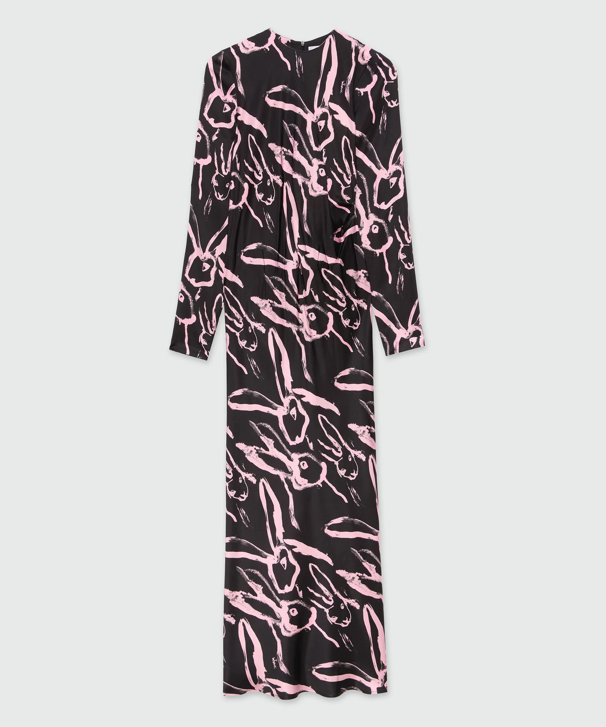 Long black crepe dress with "Sketched Bunnies" print - 1