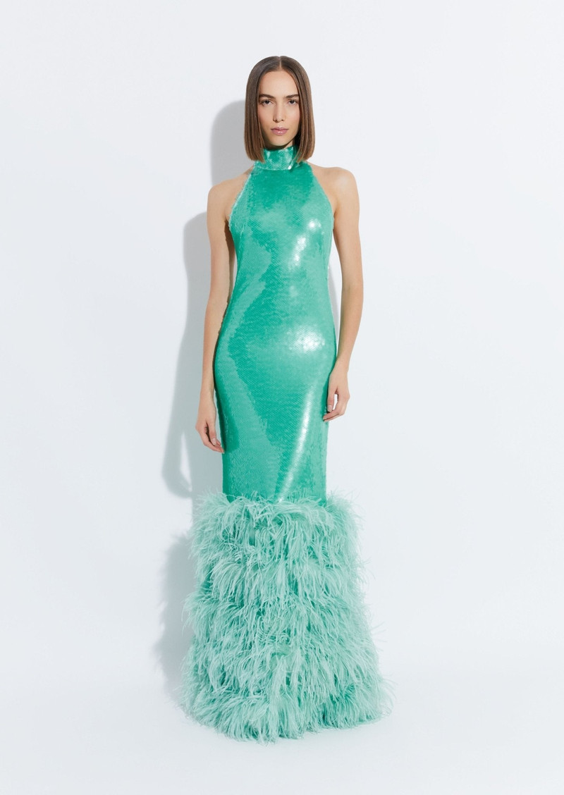 LAPOINTE Sequin Halter Open Back Gown With Feathers outlook