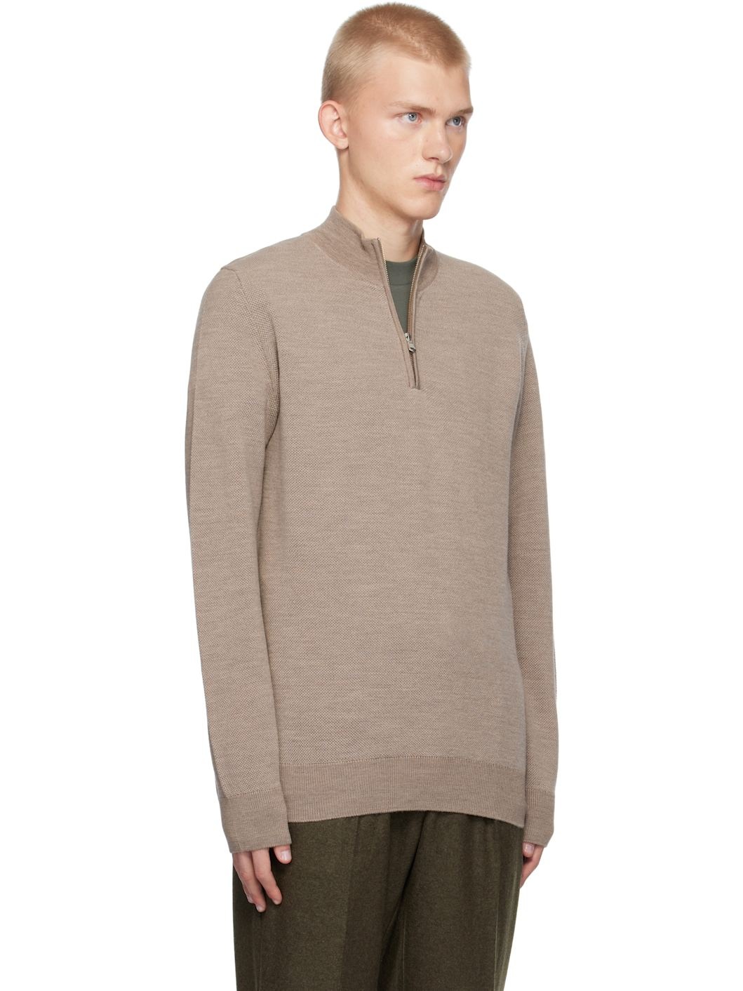 Beige Merino Honeycomb Zip Neck Sweater - 2